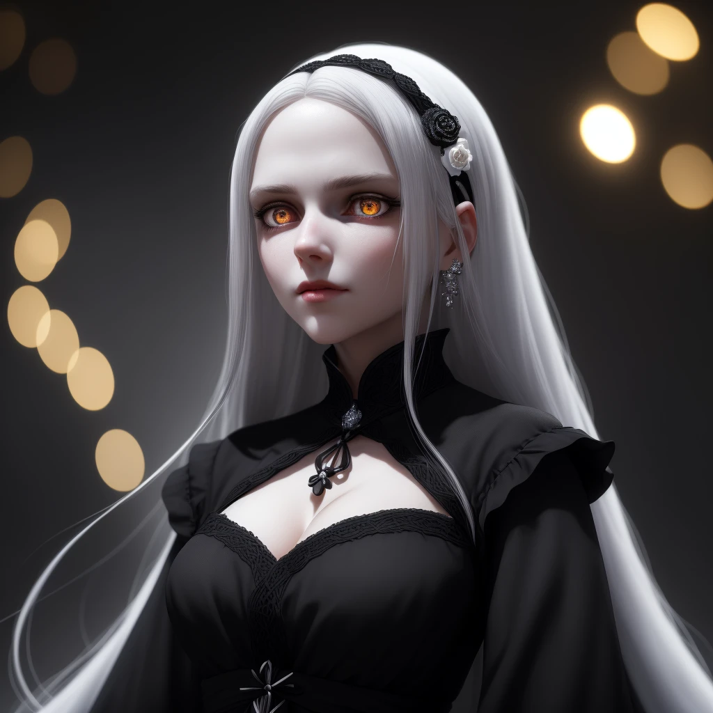 Long White hair, Black dress.(a close-up of a person with Long White hair,wearing a black dress,anime girl in dress, White eyes,3d render character art 8k,White-eyed, dark witch character),(best quality,4k,8k,highres,masterpiece:1.2),ultra-detailed,(realistic,photorealistic,photo-realistic:1.37),HDR,UHD,studio lighting,ultra-fine painting,sharp focus,physically-based rendering,extreme detail description,professional,vivid colors,bokeh,portraits,anime,dark fantasy,monochrome color palette,subtle and dramatic lighting