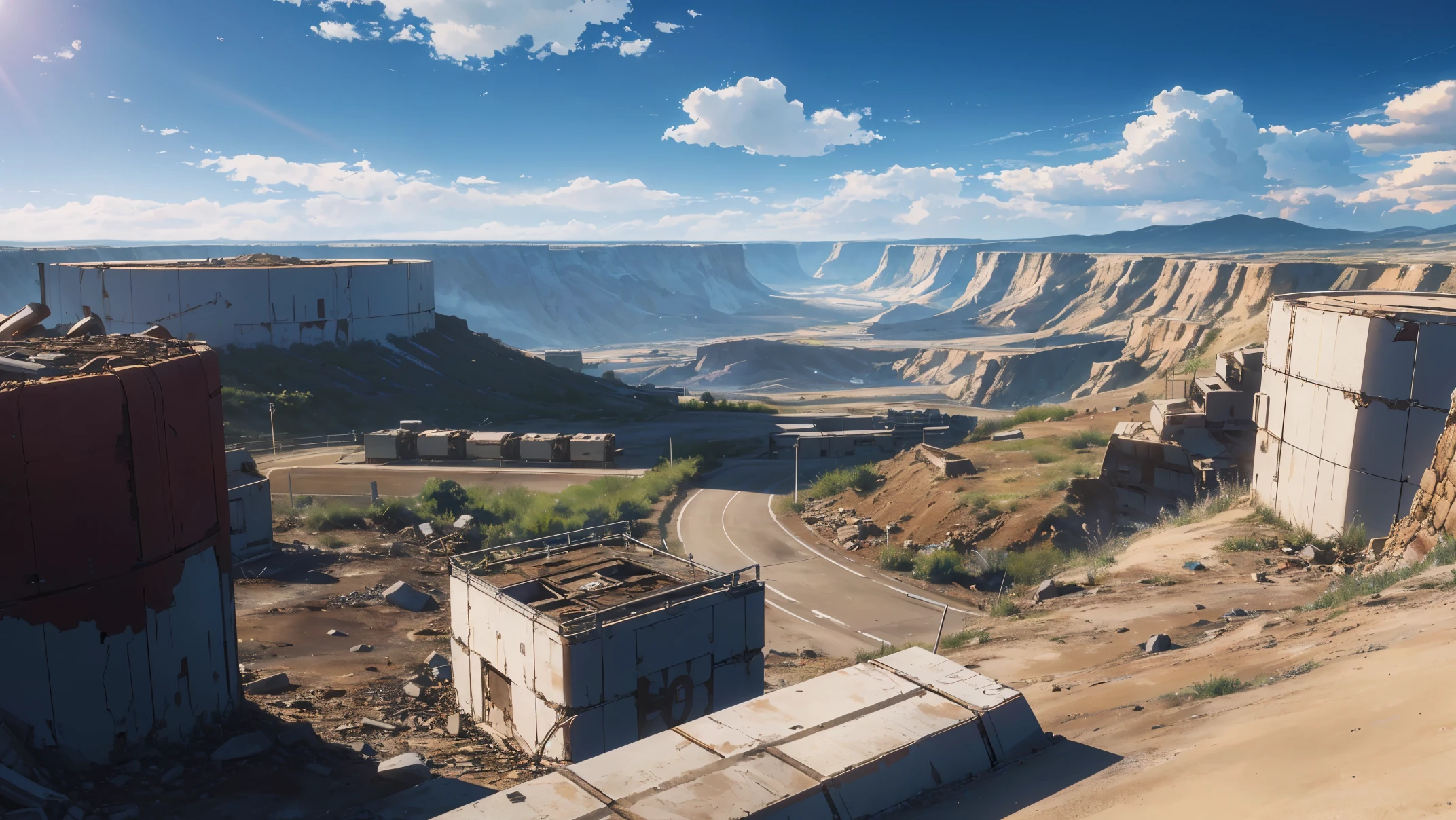 (Best quality, 8k, 32k, Masterpiece, UHD: 1.2, Ray tracing: 1.2, Real: 1.2), (Side: 1.5), savannah in the foreground, high canyons in the distance, sandy red canyons in the distance,(military base),( Multi-Lane),(military bunker in the mountain, Long distance, wind:1.5), road works sign in the background, blue sky, White clouds, (((post-apocalyptic wasteland)))