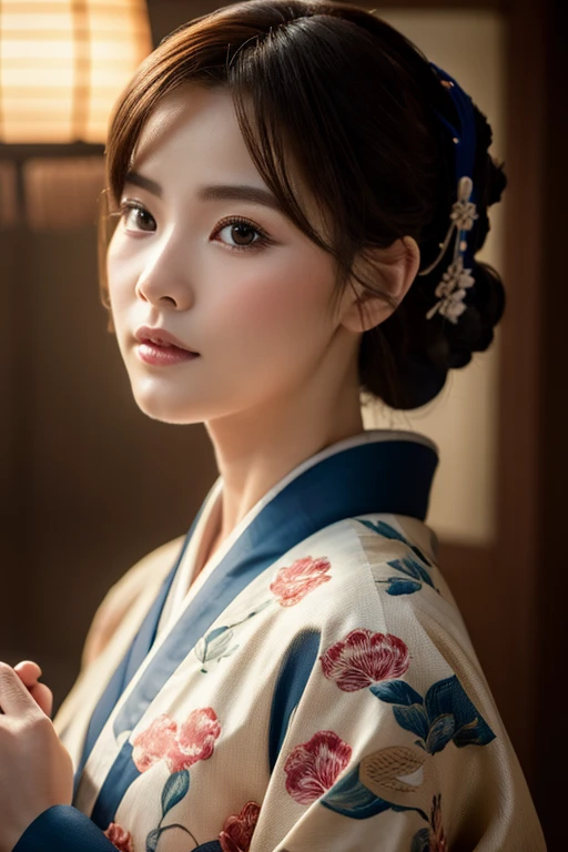 highest quality, masterpiece, High resolution, 1 girl, beautiful and flawless face, bob cut, kimono,kimono, intricate details, cinematic atmosphere, 8k, very detailed  