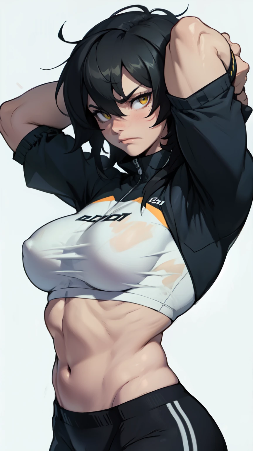 muscular girl thick breasts black hair yellow eyes pale skin best quality sad frown thick
