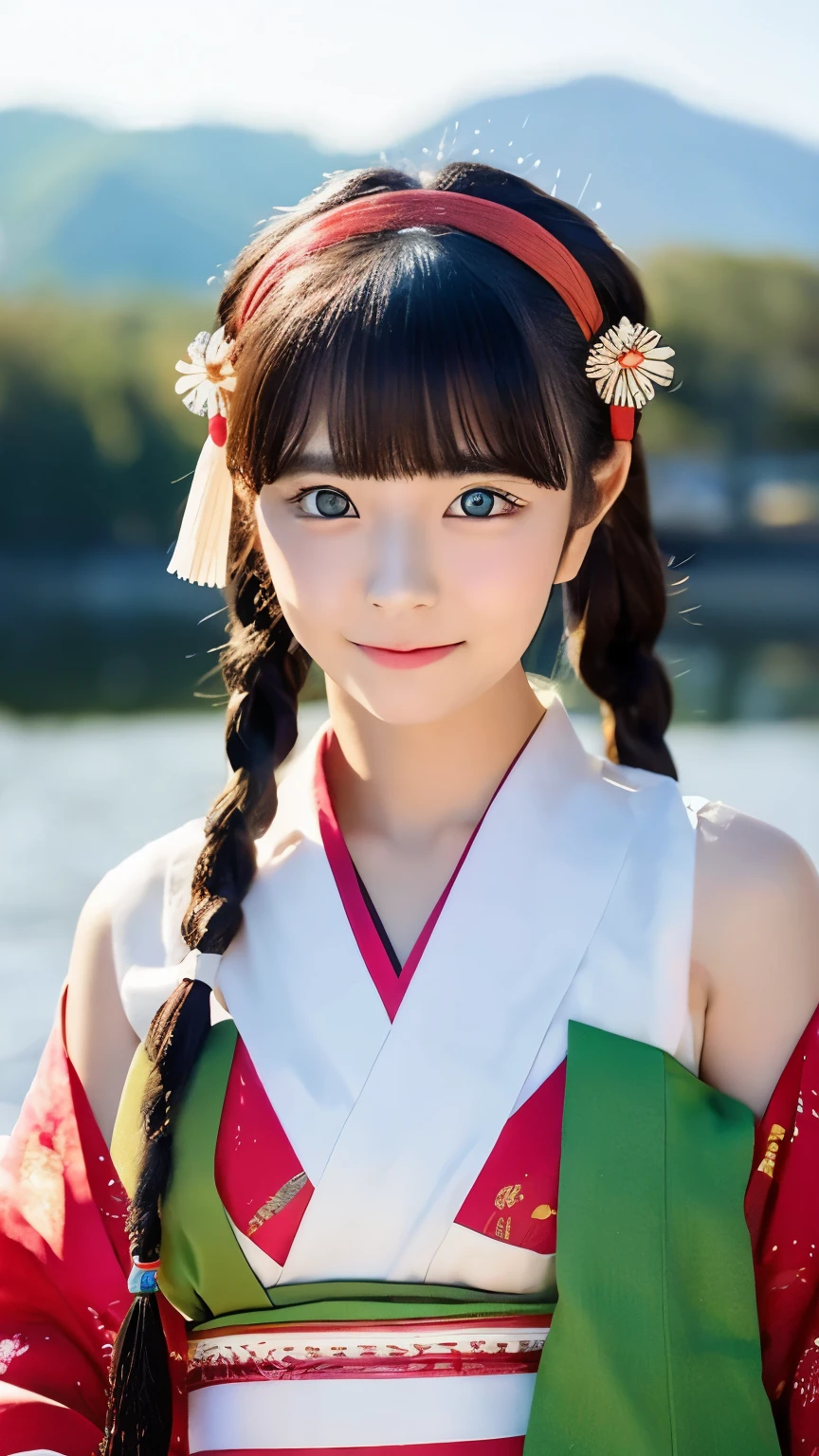 Please draw a situation where two people are standing next to each other.. The first one、A beautiful anime-style young female character. With deep orange eyes、Features smooth black hair that reaches to the shoulders. hair is in a ponytail, Tie the top with a small red ribbon. He has a kind expression and a warm smile.. Make your eyes and expression cool. The eyes are dangling eyes. She is dressed in a traditional Japanese kimono featuring a red and white color scheme. small breasts. The background image is a Japanese landscape with a shrine.. The second person is、is to create an anime girl character with dark green hair, Her bangs sliced straight across the top of her face.. her hair is divided into two long braids, Tie the ends with a hair tie decorated with red and blue beads. she is big, purple eyes and freckles on the face. She is wearing a traditional Chinese style cheongsam, in bright green. her expression is calm, and、She wears a small blue ribbon near her ears.. view is all bodies. The season is autumn. The background image is a Chinese landscape with a shrine.