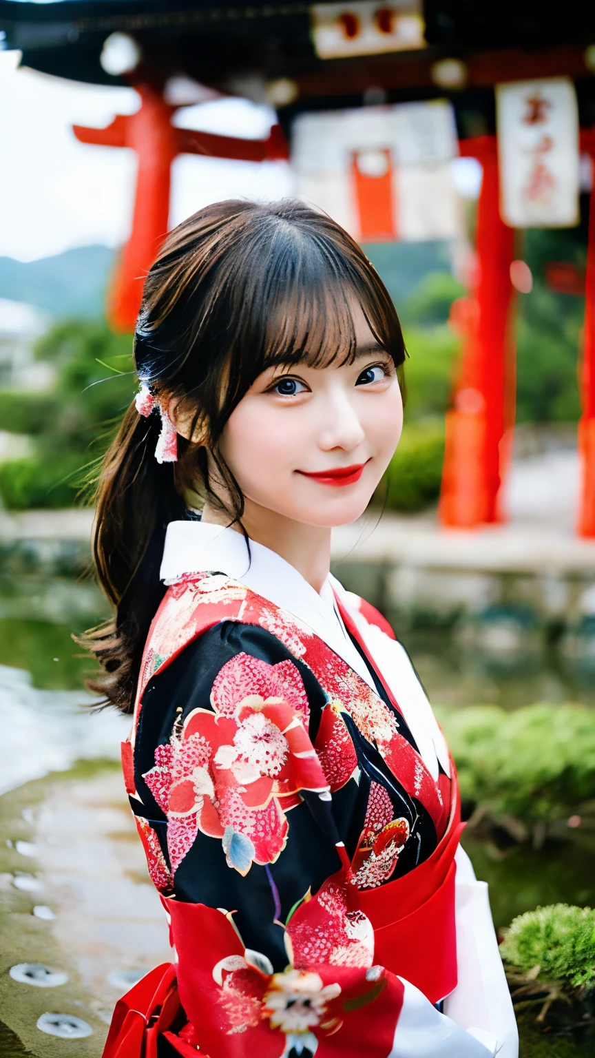beautiful young woman. with black eyes、Features smooth black hair that reaches to the shoulders. hair is in a ponytail, Tie the top with a small red ribbon. He has a kind expression and a warm smile.. Make your eyes and expression cool. The eyes are dangling eyes. She is dressed in a traditional Japanese kimono featuring a red and white color scheme. small breasts. The background image is a Japanese landscape with a shrine.. new year.New Year. The background image is a Chinese landscape with a shrine.