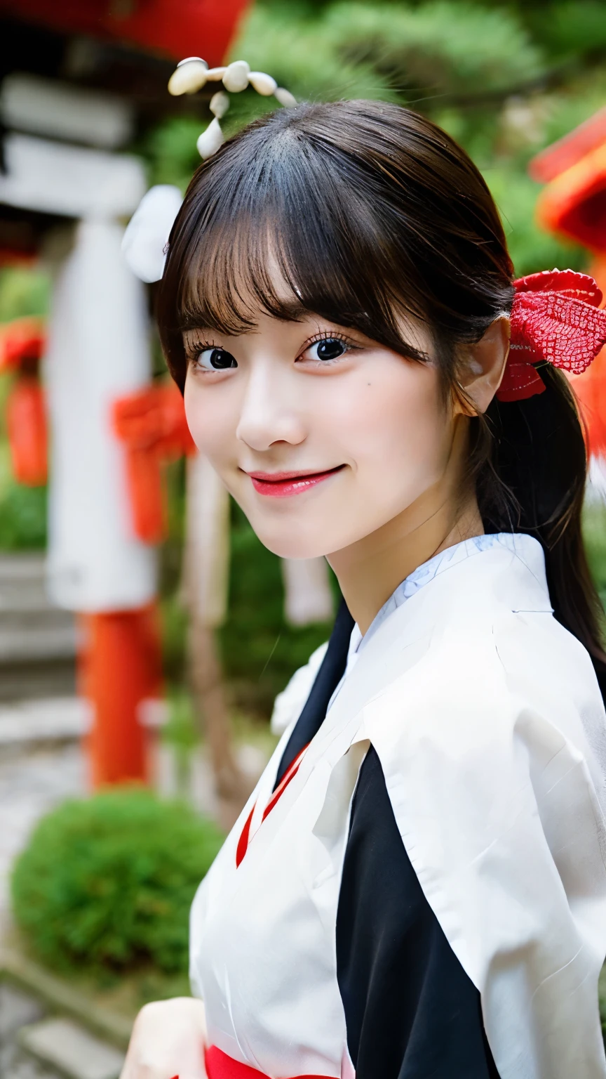 beautiful young woman. with black eyes、Features smooth black hair that reaches to the shoulders. hair is in a ponytail, Tie the top with a small red ribbon. He has a kind expression and a warm smile.. Make your eyes and expression cool. The eyes are dangling eyes. She is dressed in a traditional Japanese kimono featuring a red and white color scheme. small breasts. The background image is a Japanese landscape with a shrine.. new year.New Year. The background image is a Chinese landscape with a shrine.