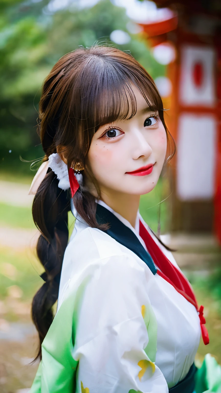 Please draw a situation where two people are standing next to each other.. The first one、A beautiful anime-style young female character. With deep orange eyes、Features smooth black hair that reaches to the shoulders. hair is in a ponytail, Tie the top with a small red ribbon. He has a kind expression and a warm smile.. Make your eyes and expression cool. The eyes are dangling eyes. She is dressed in a traditional Japanese kimono featuring a red and white color scheme. small breasts. The background image is a Japanese landscape with a shrine.. The second person is、is to create an anime girl character with dark green hair, Her bangs sliced straight across the top of her face.. her hair is divided into two long braids, Tie the ends with a hair tie decorated with red and blue beads. she is big, purple eyes and freckles on the face. She is wearing a traditional Chinese style cheongsam, in bright green. her expression is calm, and、She wears a small blue ribbon near her ears.. view is all bodies. The season is autumn. The background image is a Chinese landscape with a shrine.