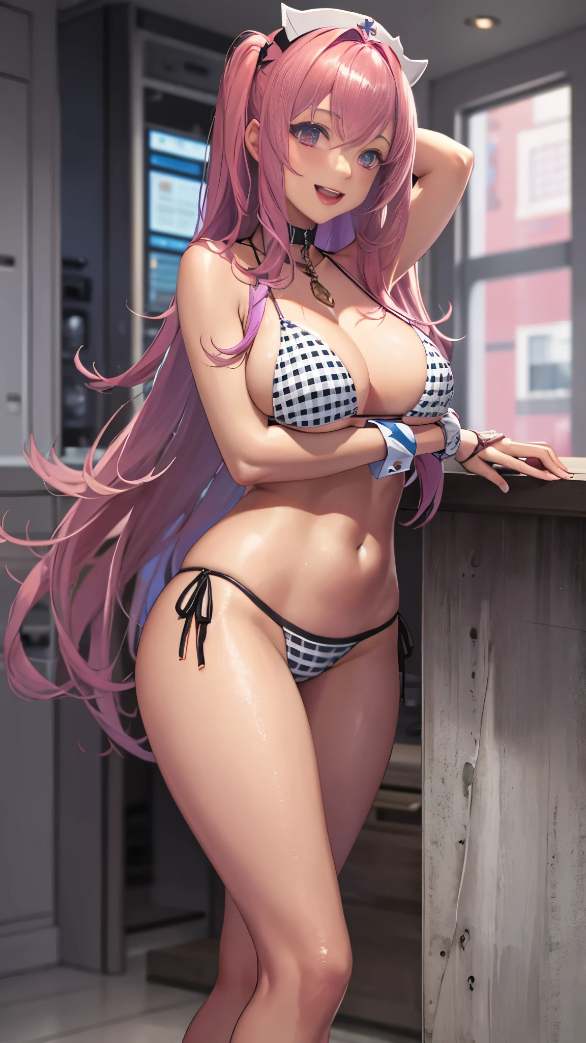 highest quality, masterpiece, 1 girl, alone, Pepper Swim, StanDing, :D, wrist cuffs, normal breasts, big thighs, Asymmetrical Bikini, ReD Cross,