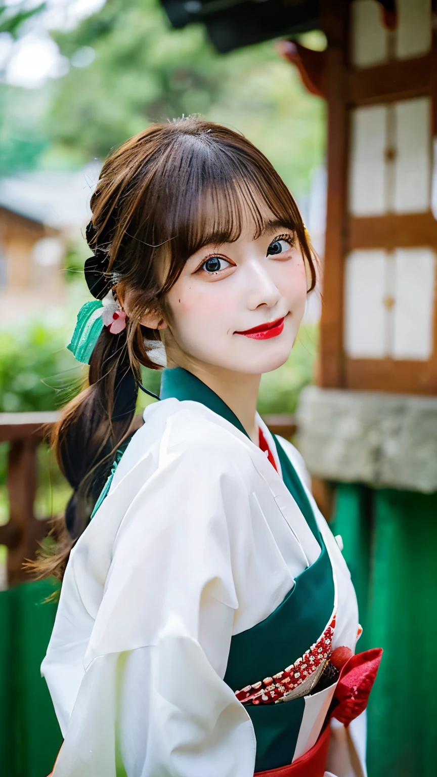Please draw a situation where two people are standing next to each other.. The first one、A beautiful anime-style young female character. With deep orange eyes、Features smooth black hair that reaches to the shoulders. hair is in a ponytail, Tie the top with a small red ribbon. He has a kind expression and a warm smile.. Make your eyes and expression cool. The eyes are dangling eyes. She is dressed in a traditional Japanese kimono featuring a red and white color scheme. small breasts. The background image is a Japanese landscape with a shrine.. The second person is、is to create an anime girl character with dark green hair, Her bangs sliced straight across the top of her face.. her hair is divided into two long braids, Tie the ends with a hair tie decorated with red and blue beads. she is big, purple eyes and freckles on the face. She is wearing a traditional Chinese style cheongsam, in bright green. her expression is calm, and、She wears a small blue ribbon near her ears.. view is all bodies. The season is autumn. The background image is a Chinese landscape with a shrine.