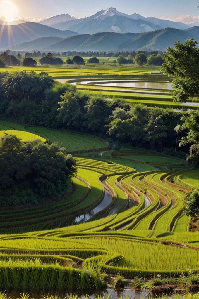 Rice fields, trees, mountains, sun, morning