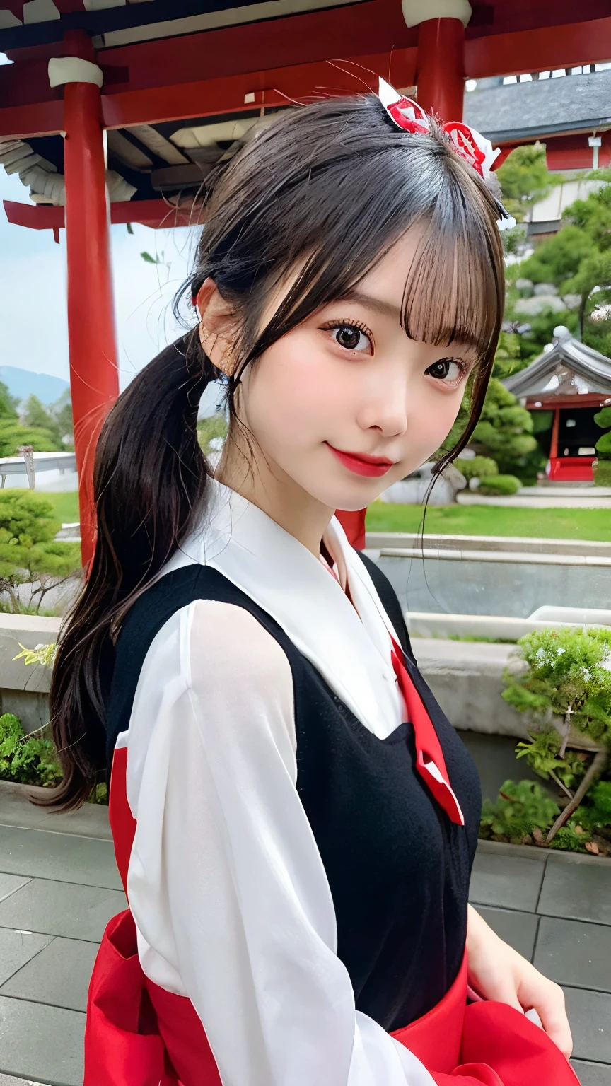beautiful young woman. with black eyes、Features smooth black hair that reaches to the shoulders. hair is in a ponytail, Tie the top with a small red ribbon. He has a kind expression and a warm smile.. Make your eyes and expression cool. The eyes are dangling eyes. She is dressed in a traditional Japanese kimono featuring a red and white color scheme. small breasts. The background image is a Japanese landscape with a shrine.. new year.New Year. The background image is a Chinese landscape with a shrine.
