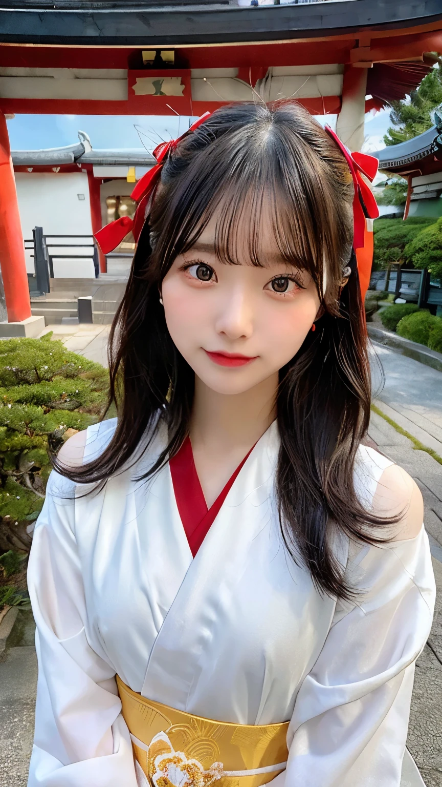 beautiful young woman. with black eyes、Features smooth black hair that reaches to the shoulders. hair is in a ponytail, Tie the top with a small red ribbon. He has a kind expression and a warm smile.. Make your eyes and expression cool. The eyes are dangling eyes. She is dressed in a traditional Japanese kimono featuring a red and white color scheme. small breasts. The background image is a Japanese landscape with a shrine.. new year.New Year. The background image is a Chinese landscape with a shrine.