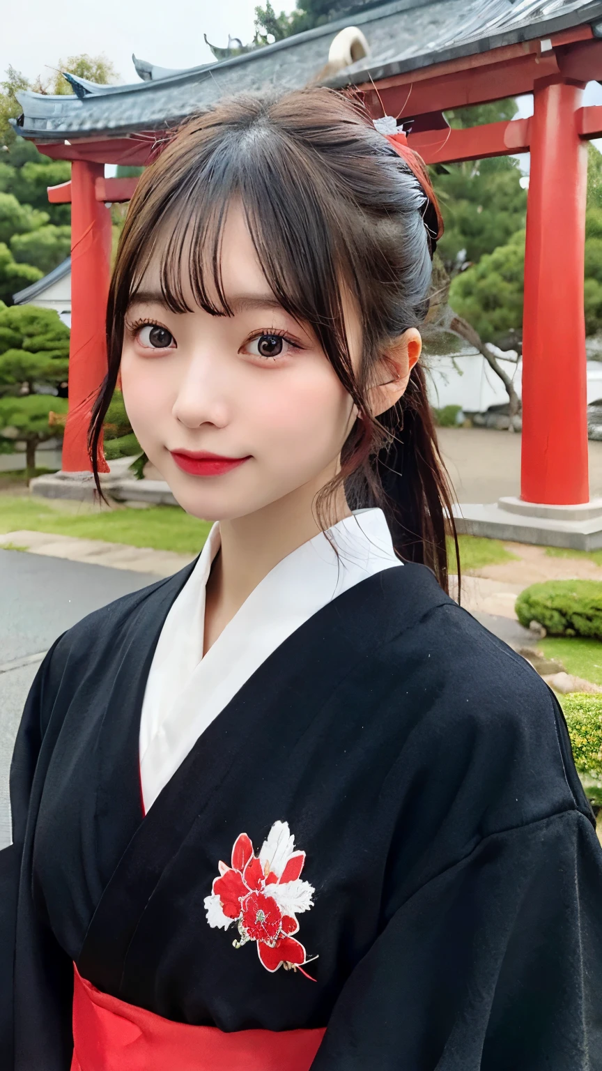 beautiful young woman. with black eyes、Features smooth black hair that reaches to the shoulders. hair is in a ponytail, Tie the top with a small red ribbon. He has a kind expression and a warm smile.. Make your eyes and expression cool. The eyes are dangling eyes. She is dressed in a traditional Japanese kimono featuring a red and white color scheme. small breasts. The background image is a Japanese landscape with a shrine.. new year.New Year. The background image is a Chinese landscape with a shrine.