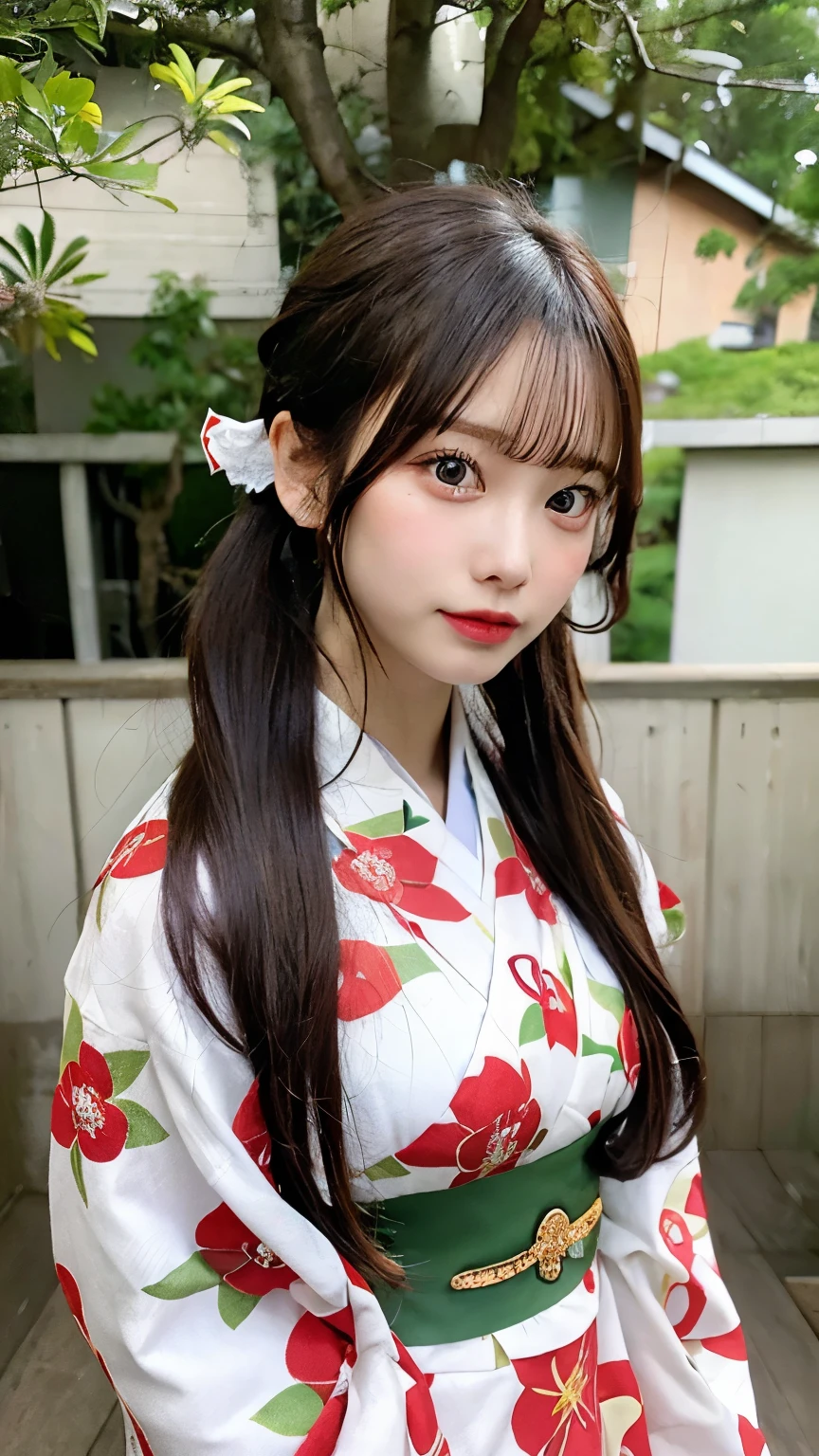 Please draw a situation where two people are standing next to each other.. The first one、A beautiful anime-style young female character. With deep orange eyes、Features smooth black hair that reaches to the shoulders. hair is in a ponytail, Tie the top with a small red ribbon. He has a kind expression and a warm smile.. Make your eyes and expression cool. The eyes are dangling eyes. She is dressed in a traditional Japanese kimono featuring a red and white color scheme. small breasts. The background image is a Japanese landscape with a shrine.. The second person is、is to create an anime girl character with dark green hair, Her bangs sliced straight across the top of her face.. her hair is divided into two long braids, Tie the ends with a hair tie decorated with red and blue beads. she is big, purple eyes and freckles on the face. She is wearing a traditional Chinese style cheongsam, in bright green. her expression is calm, and、She wears a small blue ribbon near her ears.. view is all bodies. The season is autumn. The background image is a Chinese landscape with a shrine.