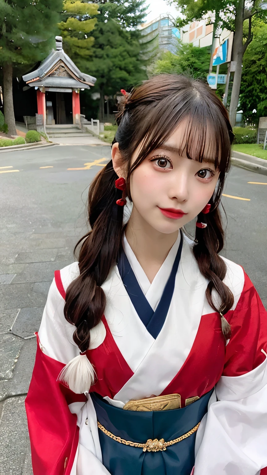 Please draw a situation where two people are standing next to each other.. The first one、A beautiful anime-style young female character. With deep orange eyes、Features smooth black hair that reaches to the shoulders. hair is in a ponytail, Tie the top with a small red ribbon. He has a kind expression and a warm smile.. Make your eyes and expression cool. The eyes are dangling eyes. She is dressed in a traditional Japanese kimono featuring a red and white color scheme. small breasts. The background image is a Japanese landscape with a shrine.. The second person is、is to create an anime girl character with dark green hair, Her bangs sliced straight across the top of her face.. her hair is divided into two long braids, Tie the ends with a hair tie decorated with red and blue beads. she is big, purple eyes and freckles on the face. She is wearing a traditional Chinese style cheongsam, in bright green. her expression is calm, and、She wears a small blue ribbon near her ears.. view is all bodies. The season is autumn. The background image is a Chinese landscape with a shrine.