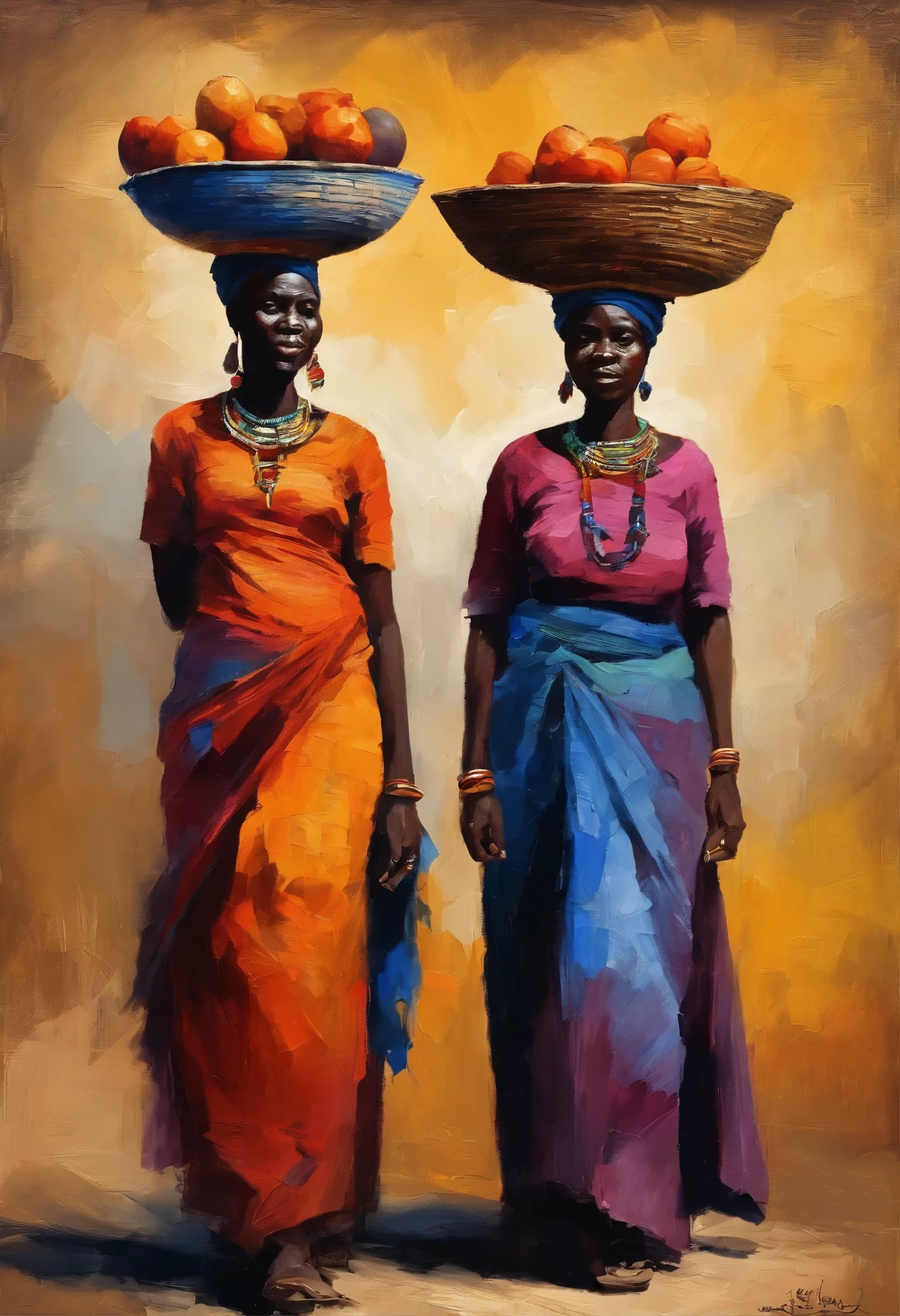 ​masterpiece、top-quality、two west African women, traditional clothing, pots on heads,full body shot, dark colours, 