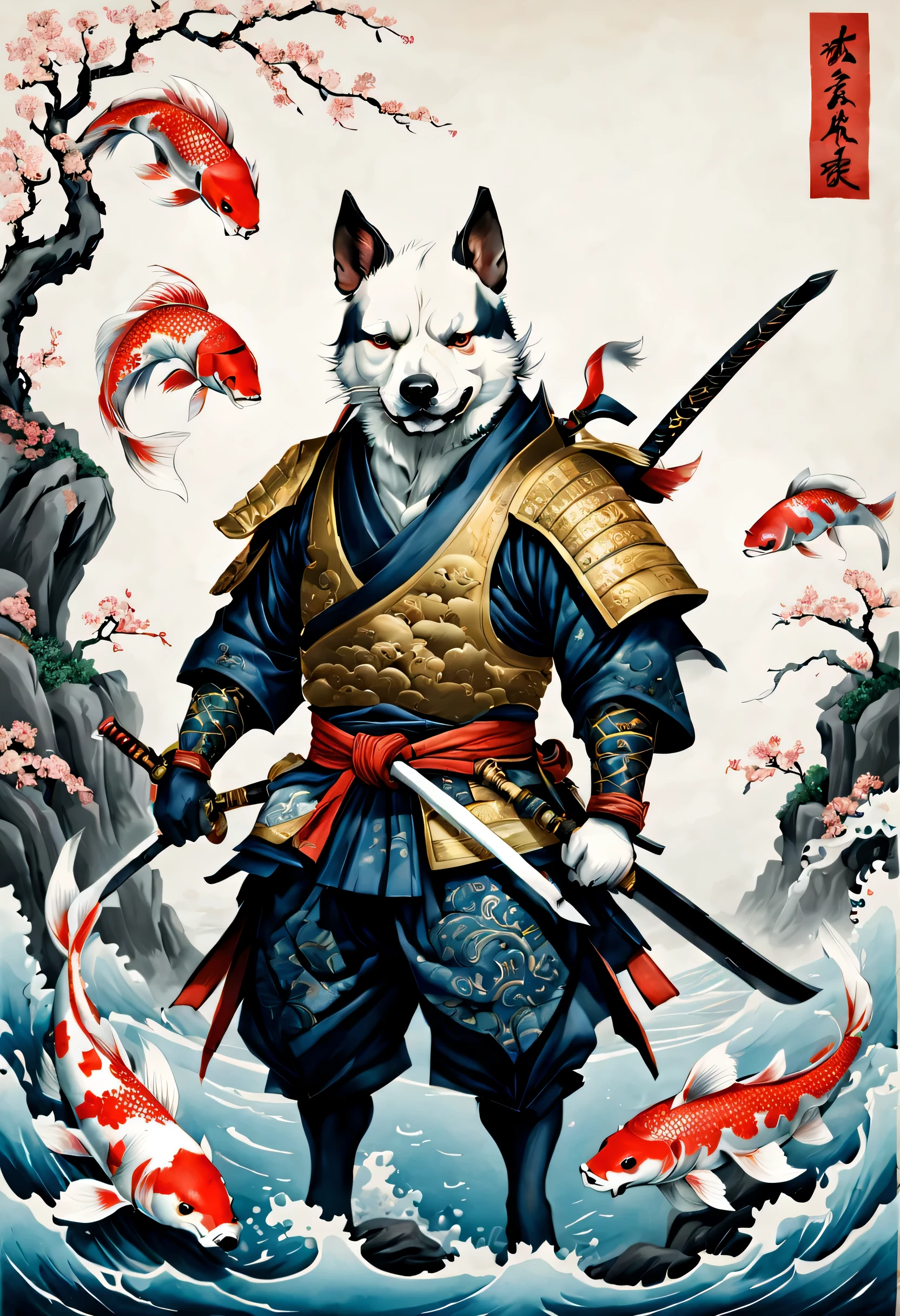 there is a dog with a fish and a sword on a white background, samurai dog, dog warrior, armored dog, anthropomorphic dog ninja, samurai deity with koi armor, by Kanō Tan'yū, highly detailed and colored, in the art style of ukiyo - e, inspired by Utagawa Kuniyoshi