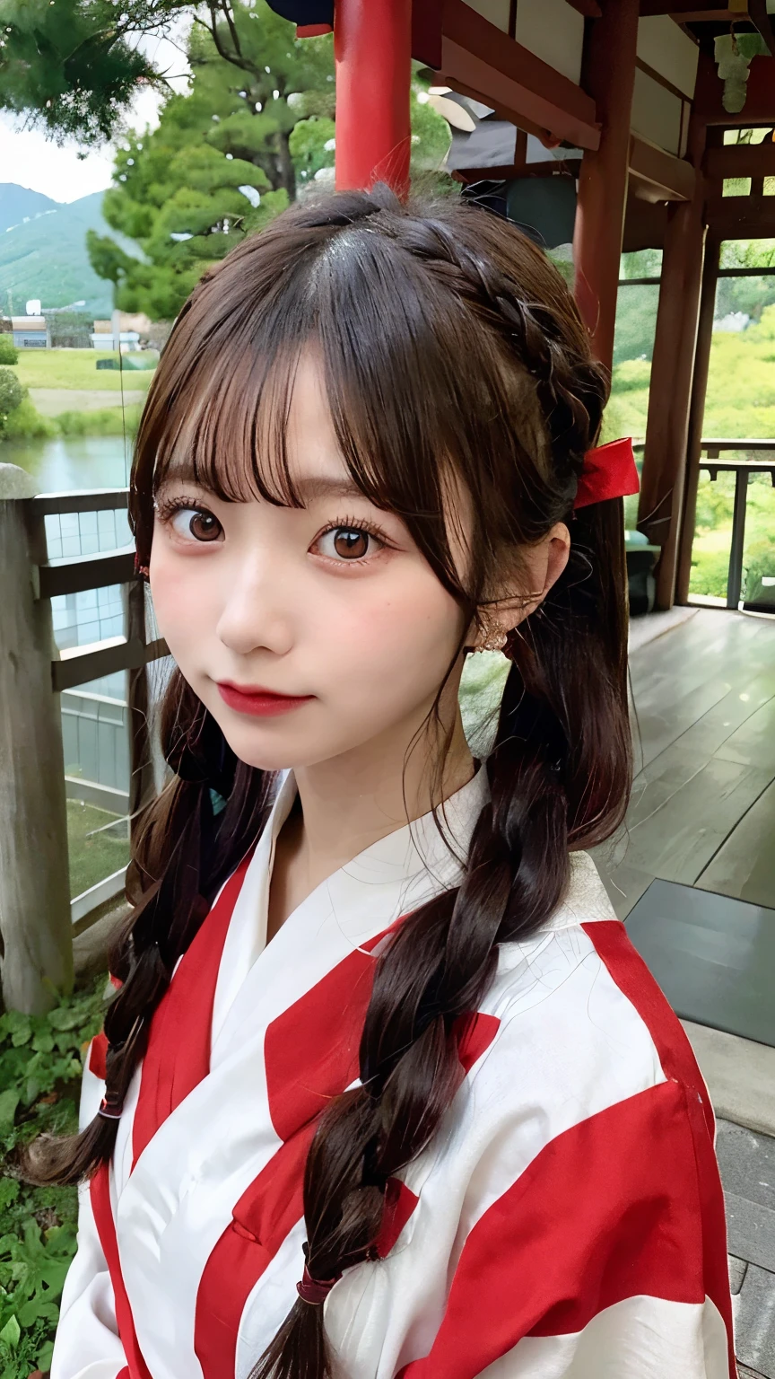 Please draw a situation where two people are standing next to each other.. The first one、A beautiful anime-style young female character. With deep orange eyes、Features smooth black hair that reaches to the shoulders. hair is in a ponytail, Tie the top with a small red ribbon. He has a kind expression and a warm smile.. Make your eyes and expression cool. The eyes are dangling eyes. She is dressed in a traditional Japanese kimono featuring a red and white color scheme. small breasts. The background image is a Japanese landscape with a shrine.. The second person is、is to create an anime girl character with dark green hair, Her bangs sliced straight across the top of her face.. her hair is divided into two long braids, Tie the ends with a hair tie decorated with red and blue beads. she is big, purple eyes and freckles on the face. She is wearing a traditional Chinese style cheongsam, in bright green. her expression is calm, and、She wears a small blue ribbon near her ears.. view is all bodies. The season is autumn. The background image is a Chinese landscape with a shrine.