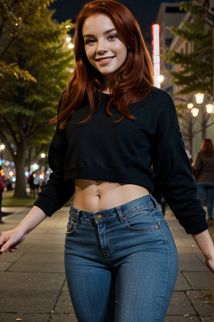 photo of a young woman with red hair, sexy body, smiling, wearing winter clothing and tight jeans, standing in a lightly crowded public park at night, picture taken from behindand from a distance