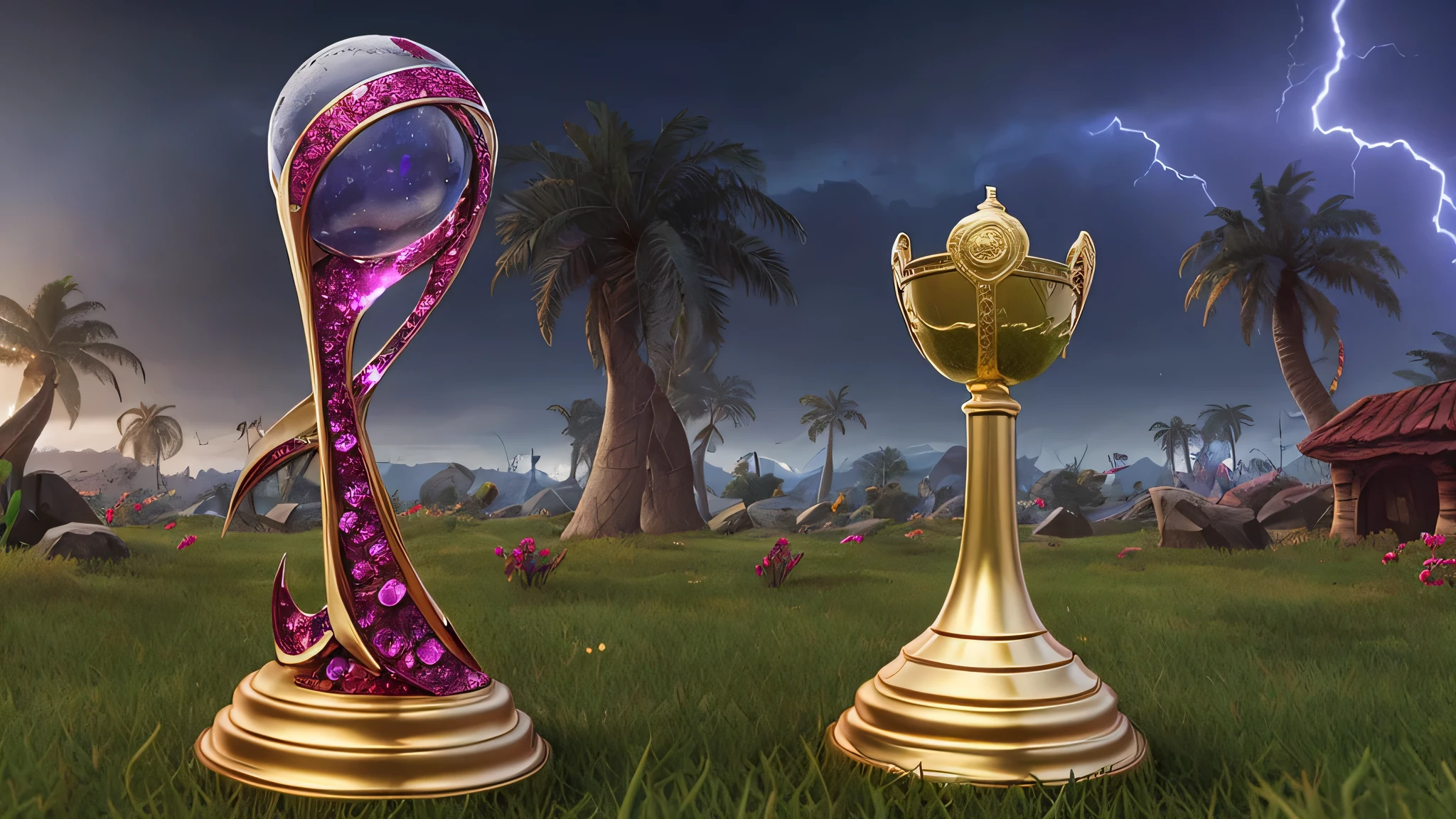 ChantillyTopStyle:0.2 Trofeu da copa do mundo de League of Legends ouro, fundo preto, detalhes em vermelho, with details of ruby gemstones in high resolution, em um ambiente realista, arcos em forma de tornado, trophy on top of a pedestal, ESCRITO NO MEIO DO TROFEU O NOME STORM CUP