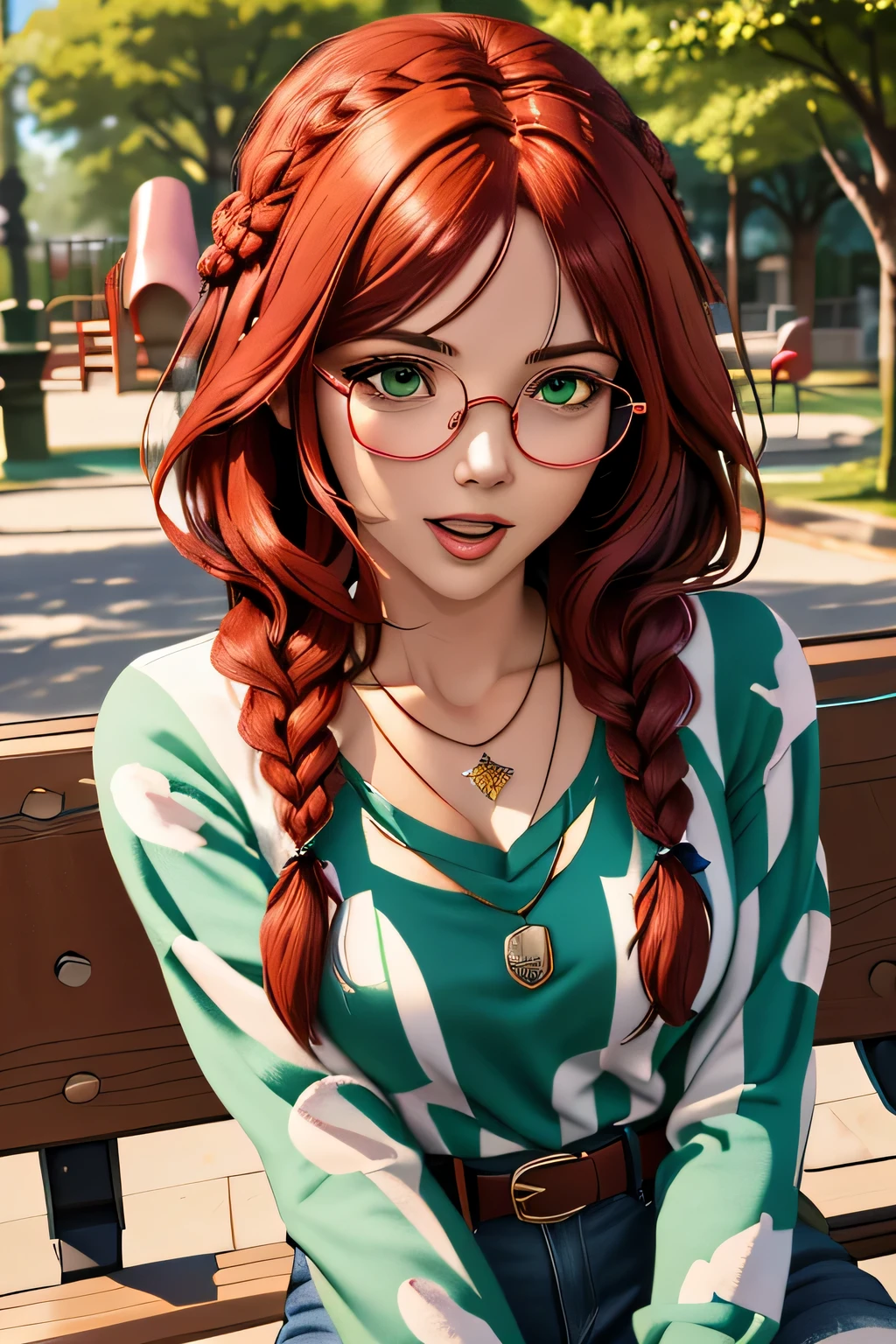 1 girl, braid, red hair, (freckles:0.5), round eyewear, green eyes, ((nose)), parted bangs, bangs, crew neck, long sleeves, striped sleeves, cat printed, necklace, jeans, belt, looking away, feeling amused, slightly open mouth, masterpiece, best quality, intricate, depth of field, park bench, playground, trash can, dappled sunlight,