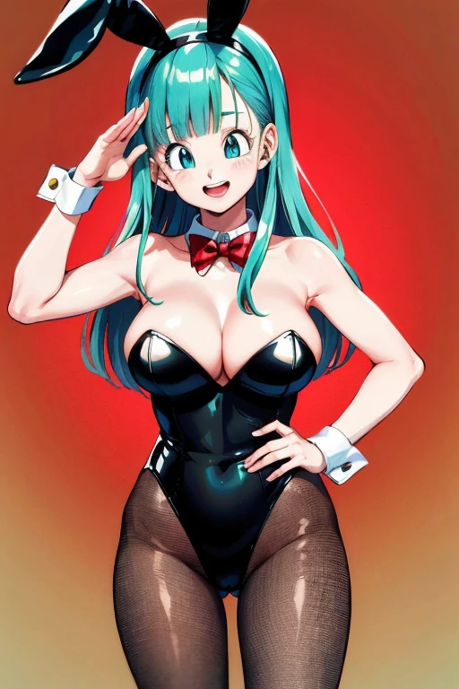 masterpiece, best quality, highres, dragon ball, blmlong, aqua hair, blunt bangs, long hair, bunny, rabbit ears, black pantyhose, red bowtie, wrist cuffs, black leotard, large breasts,