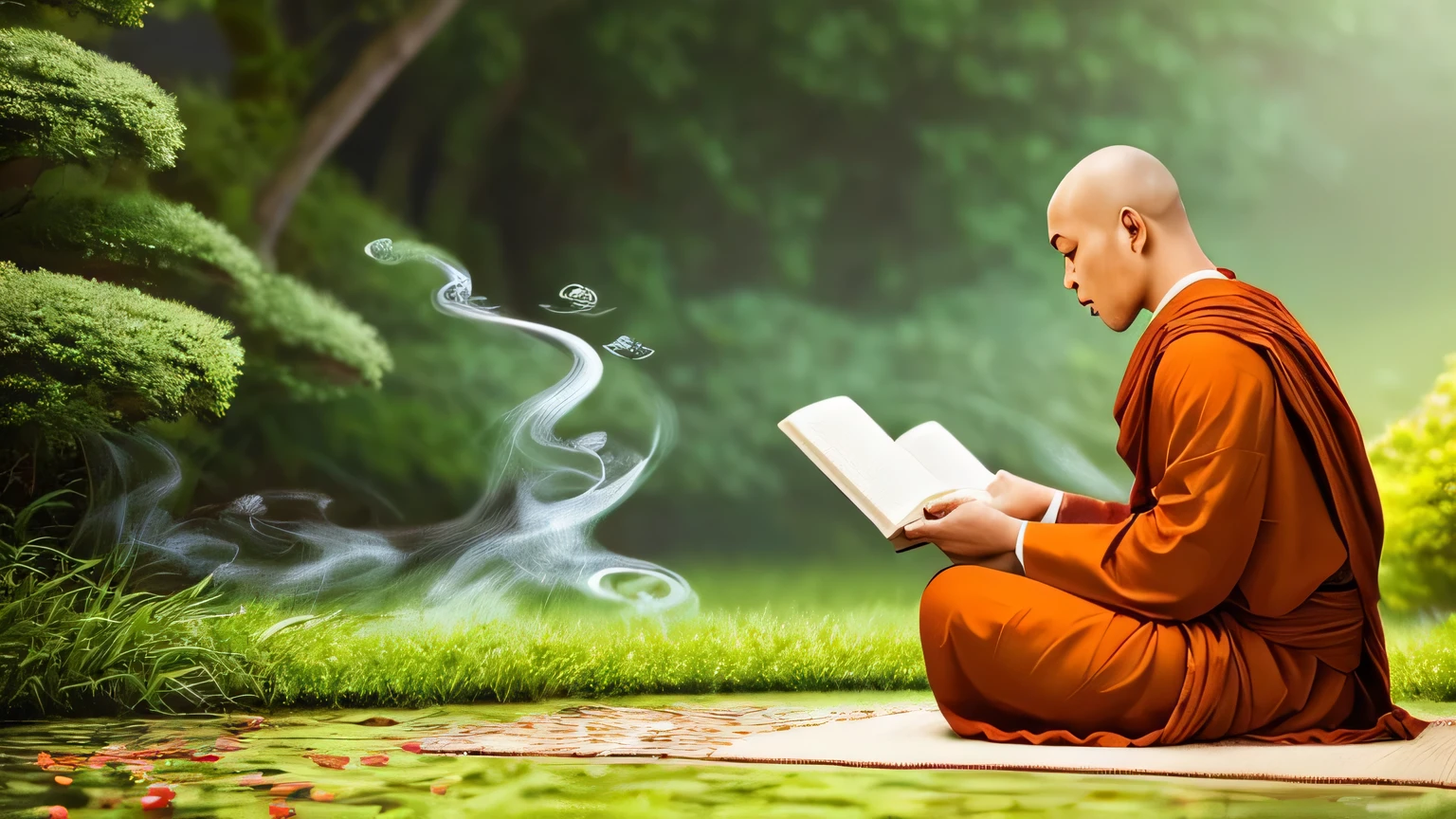 portrait of a bonze monk reading a book,illustration,serene atmosphere,tranquil garden,birds singing,soft sunlight,fine brushwork,antique paper texture,(best quality,4k,8k,highres,masterpiece:1.2),(realistic,photorealistic,photo-realistic:1.37),vivid colors,studio lighting,peaceful expression,wise eyes,ancient book with calligraphy,smoke of incense,focus on details,subtle colors,sublime beauty,gentle breeze,rustling leaves,simple robe,clarity,stillness,calm meditation,profound wisdom,-->