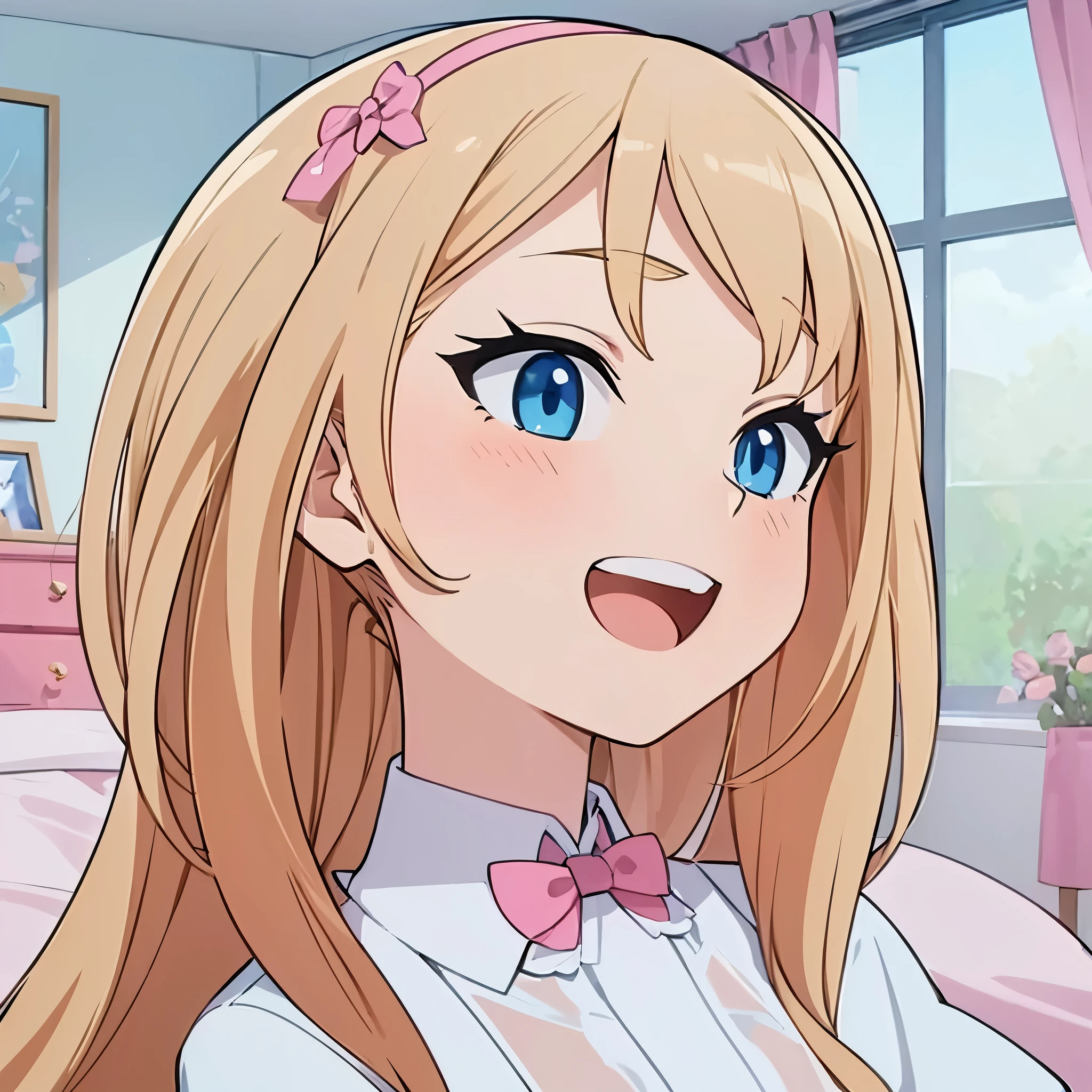 high quality, masterpiece. anime. (One girl) blonde. Smile. open mouth with teeth. Blue eyes. pink ribbon on hair. clothes bow and white shirt. against the backdrop of a room with a window.