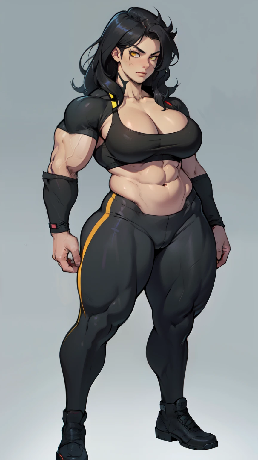 girl solo standing (((muscular girl toned body large breasts thick))) yellow eyes black hair pale skin perfect anatomy perfect anatomy perfect anatomy best quality best full body