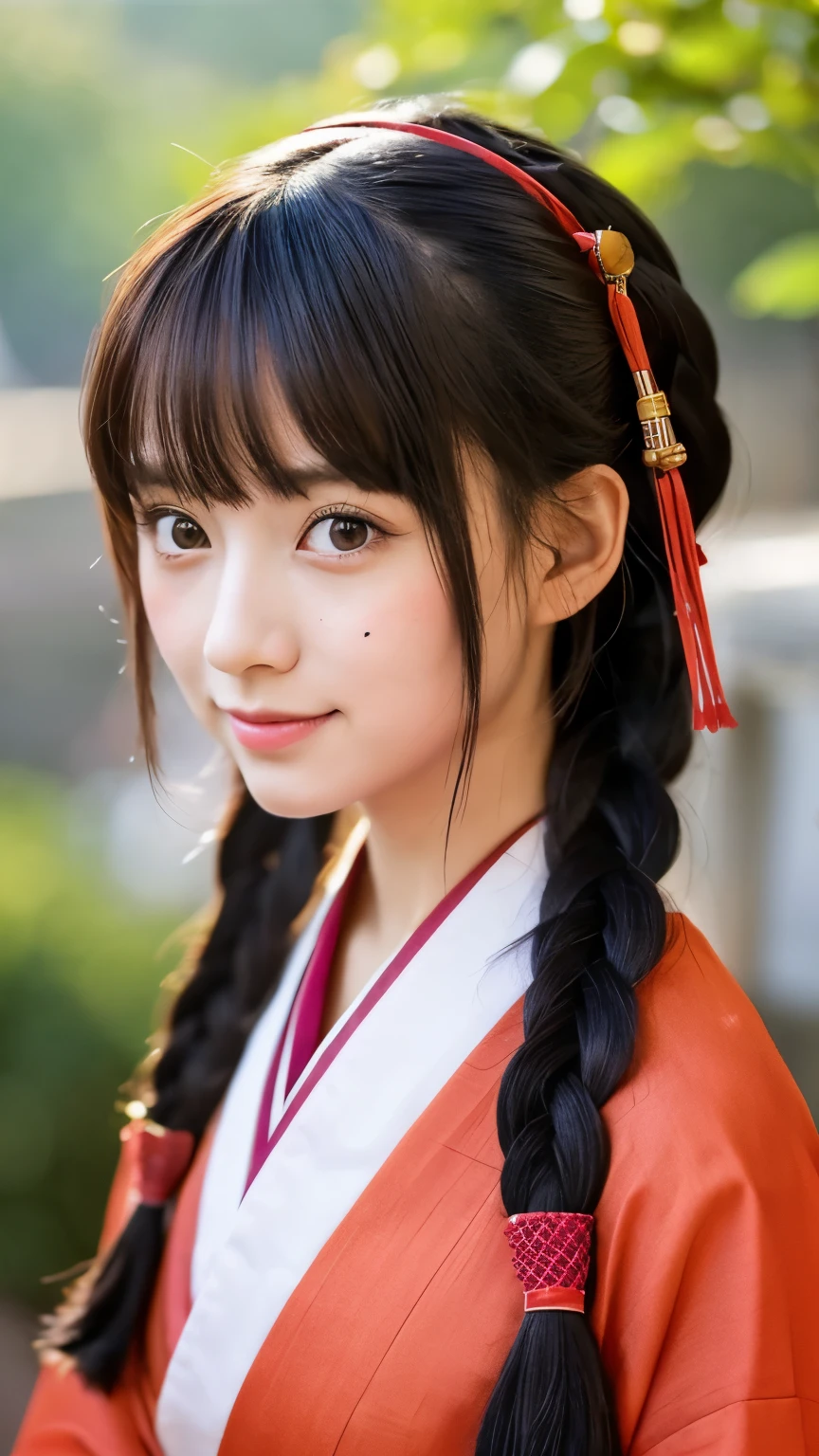Please draw a situation where two people are standing next to each other.. The first one、A beautiful anime-style young female character. With deep orange eyes、Features smooth black hair that reaches to the shoulders. hair is in a ponytail, Tie the top with a small red ribbon. He has a kind expression and a warm smile.. Make your eyes and expression cool. The eyes are dangling eyes. She is dressed in a traditional Japanese kimono featuring a red and white color scheme. small breasts. The background image is a Japanese landscape with a shrine.. The second person is、is to create an anime girl character with dark green hair, Her bangs sliced straight across the top of her face.. her hair is divided into two long braids, Tie the ends with a hair tie decorated with red and blue beads. she is big, purple eyes and freckles on the face. She is wearing a traditional Chinese style cheongsam, in bright green. her expression is calm, and、She wears a small blue ribbon near her ears.. view is all bodies. The season is autumn. The background image is a Chinese landscape with a shrine.