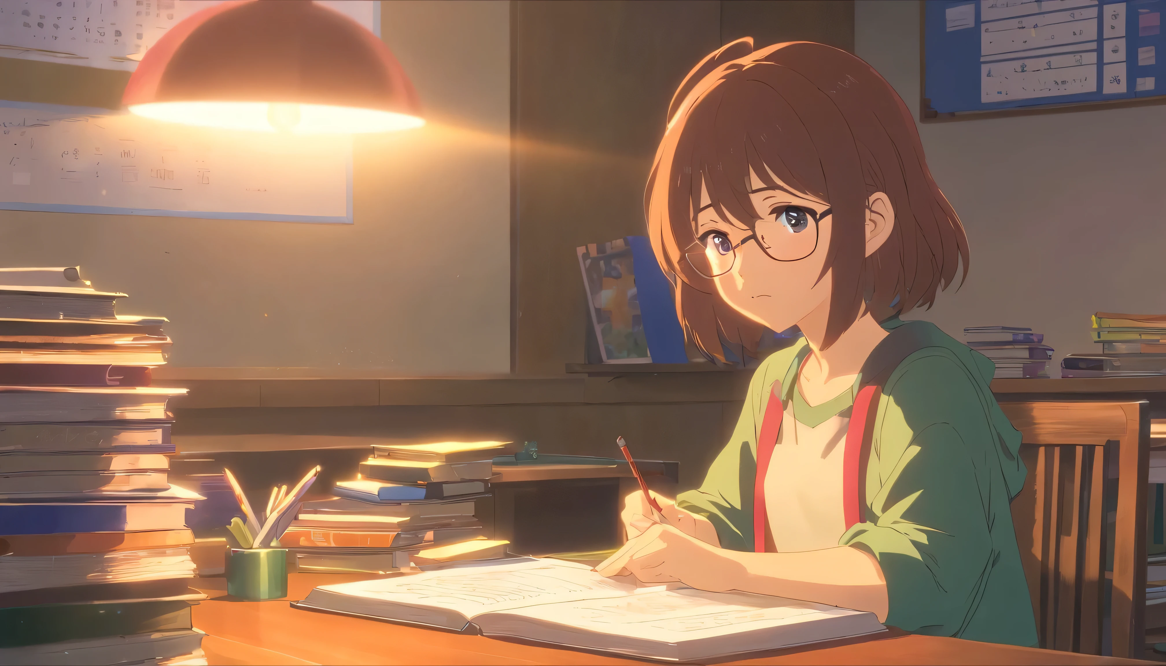 Girl:
- Hair: Short, curly.
- Serious expression.
- Eyes: Brown.
- Lips: Red lipstick.
- Accessory: Star clip on hair.
- Skin: Rosy.
- Feature: Cute, 4K (high quality).
- Activity: Concentrating, studying on the desk.
- Scene: The girl is in a softly lit room with books and educational materials on the desk. There's a peaceful atmosphere conducive to studying. The shot is taken from the right side of the girl, capturing a scene reminiscent of Makoto Shinkai anime, with a touch of melancholy in the air. The frame is expanded, with the character now occupying a larger portion, expanded 5 times to emphasize her presence in the scene.
- Glasses: Wearing simple glasses that add a touch of elegance.
