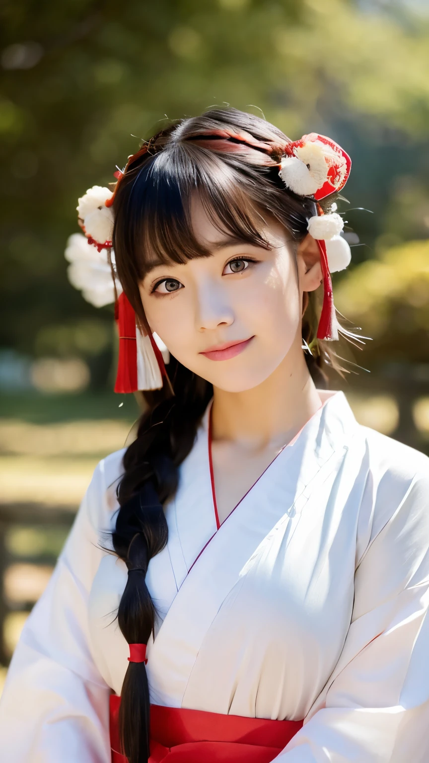 Please draw a situation where two people are standing next to each other.. The first one、A beautiful anime-style young female character. With deep orange eyes、Features smooth black hair that reaches to the shoulders. hair is in a ponytail, Tie the top with a small red ribbon. He has a kind expression and a warm smile.. Make your eyes and expression cool. The eyes are dangling eyes. She is dressed in a traditional Japanese kimono featuring a red and white color scheme. small breasts. The background image is a Japanese landscape with a shrine.. The second person is、is to create an anime girl character with dark green hair, Her bangs sliced straight across the top of her face.. her hair is divided into two long braids, Tie the ends with a hair tie decorated with red and blue beads. she is big, purple eyes and freckles on the face. She is wearing a traditional Chinese style cheongsam, in bright green. her expression is calm, and、She wears a small blue ribbon near her ears.. view is all bodies. The season is autumn. The background image is a Chinese landscape with a shrine.