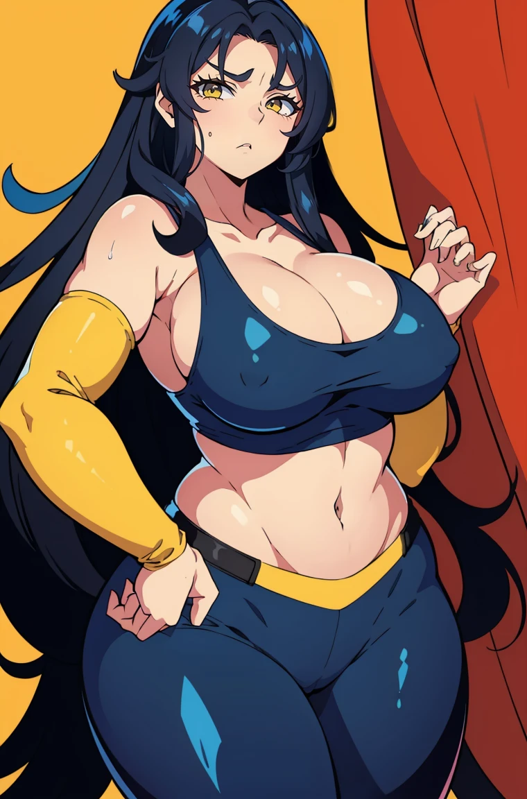 ((((musculoso 1 menina)))) (coxas grossas, seios enormes, wide, curvy hips) very long hair angry black hair yellow eyes pale skin cowboy shot tank top leggings