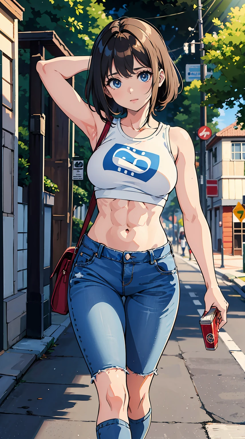 1 em uma rua da cidade em shorts jeans curtos, corpo inteiro, corpo em forma, seios grandes, em uma regata branca molhada, carregando um taco de beisebol sobre o ombro, Sensual features, competidor fitness, 6 Pack ABS com umbigo exposto, Fazendo uma pose sexy, cabelo moreno longo em dois rabos de porco, Olhos bonitos, com uma rua movimentada da cidade ao fundo, meio-dia, dynamic lighting with contrast, 8k