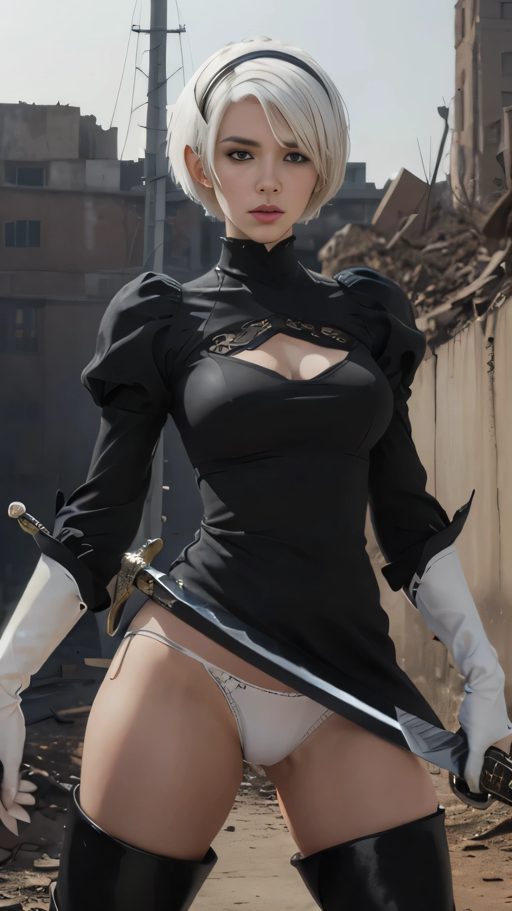 (black short dress:1.3), (spread your legs:1.0), (showing panties:1.0), (white panties:1.4), (black long boots:1.8), (black hair band:1.4), (beautiful face:1.5), (detailed face:1.2),  (masterpiece, best quality:1.4), (In the ruined big city), (remains of large machinery:1.5), (fight against mechanical lifeforms:1.5), (full body shot:1.3), (1girl), (have a big sword:1.7), solo, (beautiful european:1.2), yorha no. 2 type b, (white short hair:1.5),  hyperrealistic, high detailed skin, high quality, highly detailed face, highly detailed skin, skin pores, subsurface scattering, realistic pupils, medium breast, full face blush, full lips, detailed background, depth of field, volumetric lighting, sharp focus, absurdres, realistic proportions, good anatomy, (realistic, hyperrealistic:1.4)