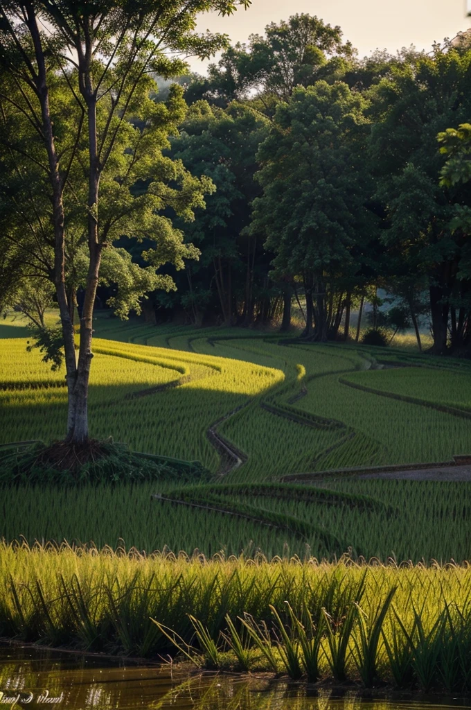 rice field morning sun trees