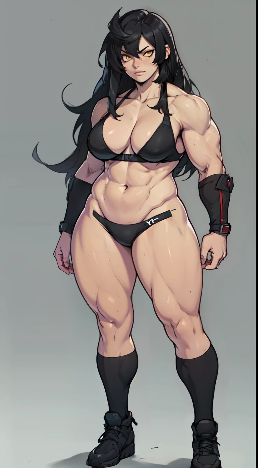 girl solo standing (muscular girl toned body large breasts thick) yellow eyes black hair pale skin perfect anatomy perfect anatomy perfect anatomy best quality best full body