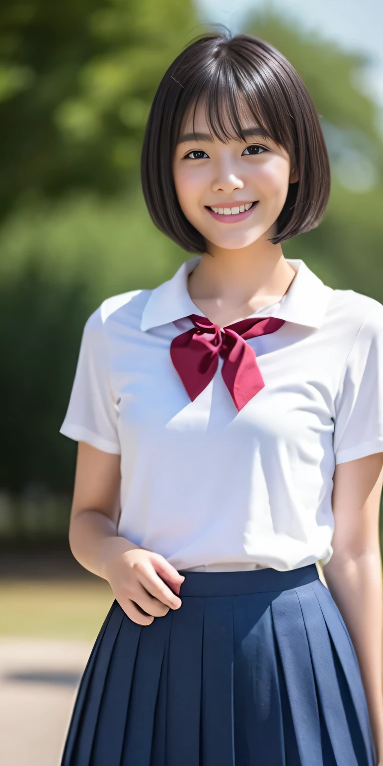 neat high school girl、outside the athletics stadium、(turned into slime)、photoreal、be familiar with, skin texture, 超be familiar withな、delicate and sexy clavicle、laughter、超be familiar withな顔、唇のbe familiar with、be familiar with eye、small breasts、smaller chest、small tit、small、flat chest、chest enhancement face、((Are standing、high school girl uniform、White pants are visible from the skirt、thin white shirt、navy blue ribbon around neck、Dark blue pleated micro mini、Slightly lift the hem of the skirt with both hands,,,))、short bangs hair、straight bob hair、