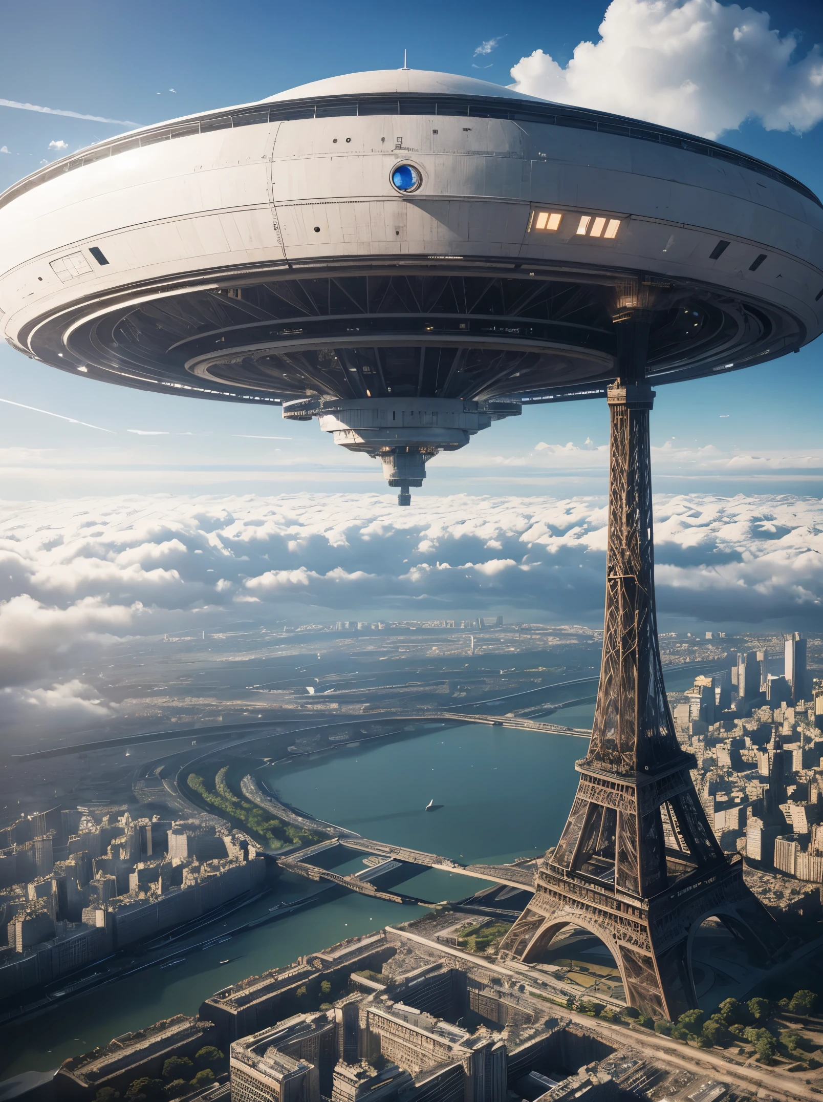A gigantic extraterrestrial orbital station several hundred kilometers in diameter, hovering vertically 1 kilometer above the Eiffel Tower. Compared to the station, the Eiffel Tower is tiny.
The station is so high up, it towers above the clouds. Ultra realistic.