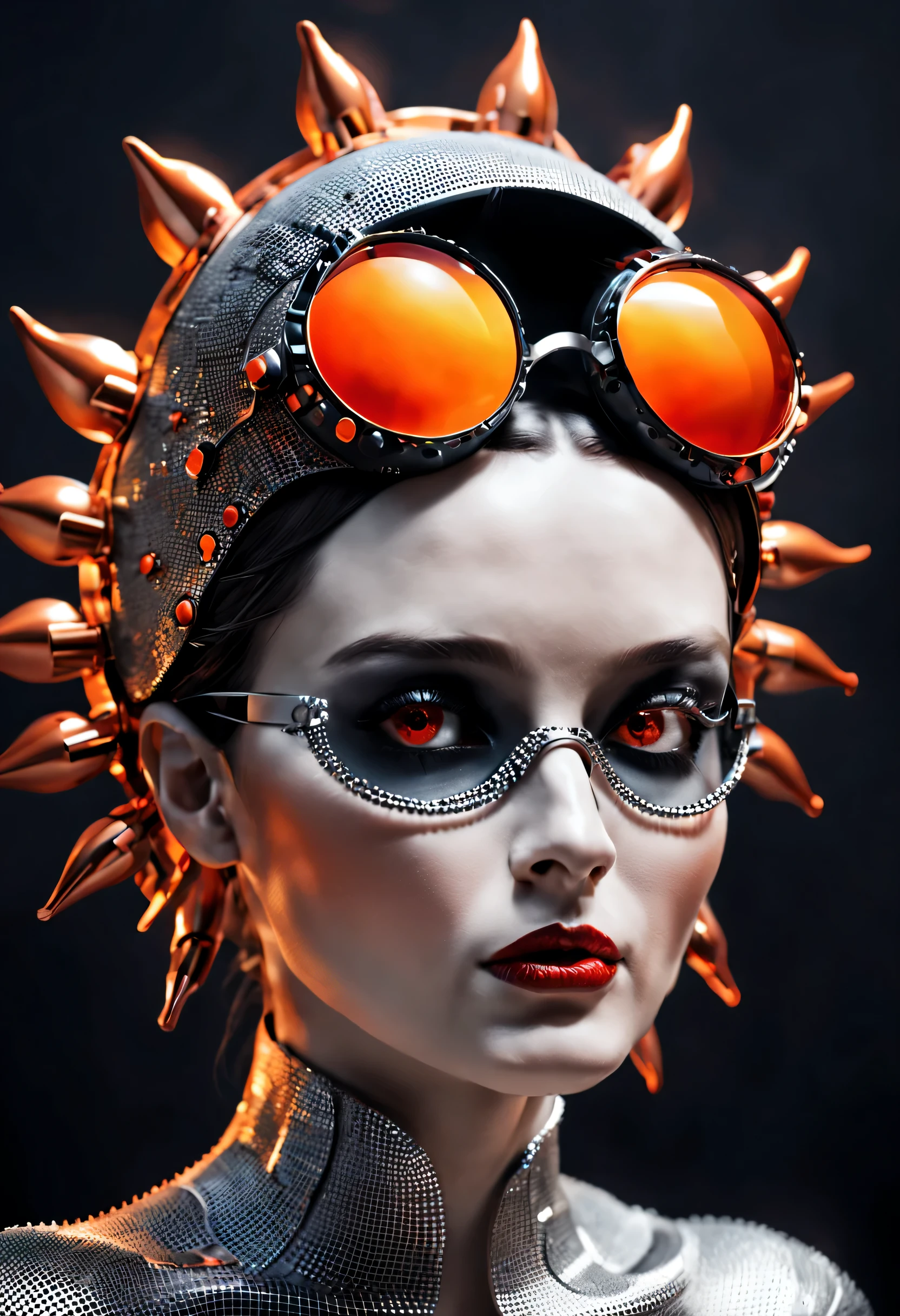 a woman wears and wears black dots on her head, in the style of futuristic fantasy, 3d, metallic sculpture, elegant, emotive faces, dark Orange and red and light silver,her eyes wearin a futuristic sun glasses algorithmic artistry, high resolution