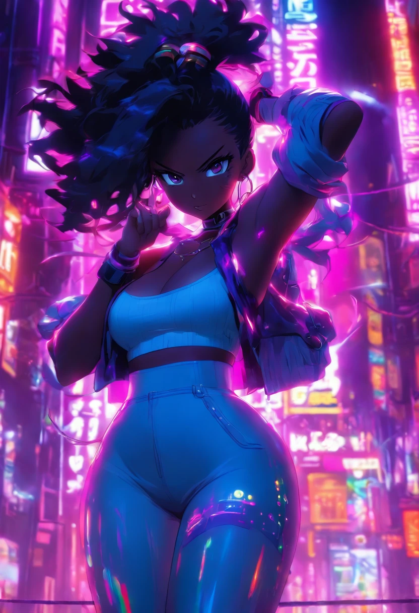 Skinny black girl in Japan, wearing purple stockings and a small shirt with her big boobs coming out, under a purple neon sign during the night time, with stretch marks on her boobs and waist, with cellulite, and beautiful tattoos, ultra realistic.