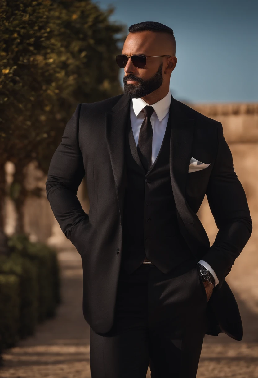 Magnifique homme noir en costume ,barba , beautiful shaved hair, Executive, Business scenario, muscle, Ultra Real, de face, 