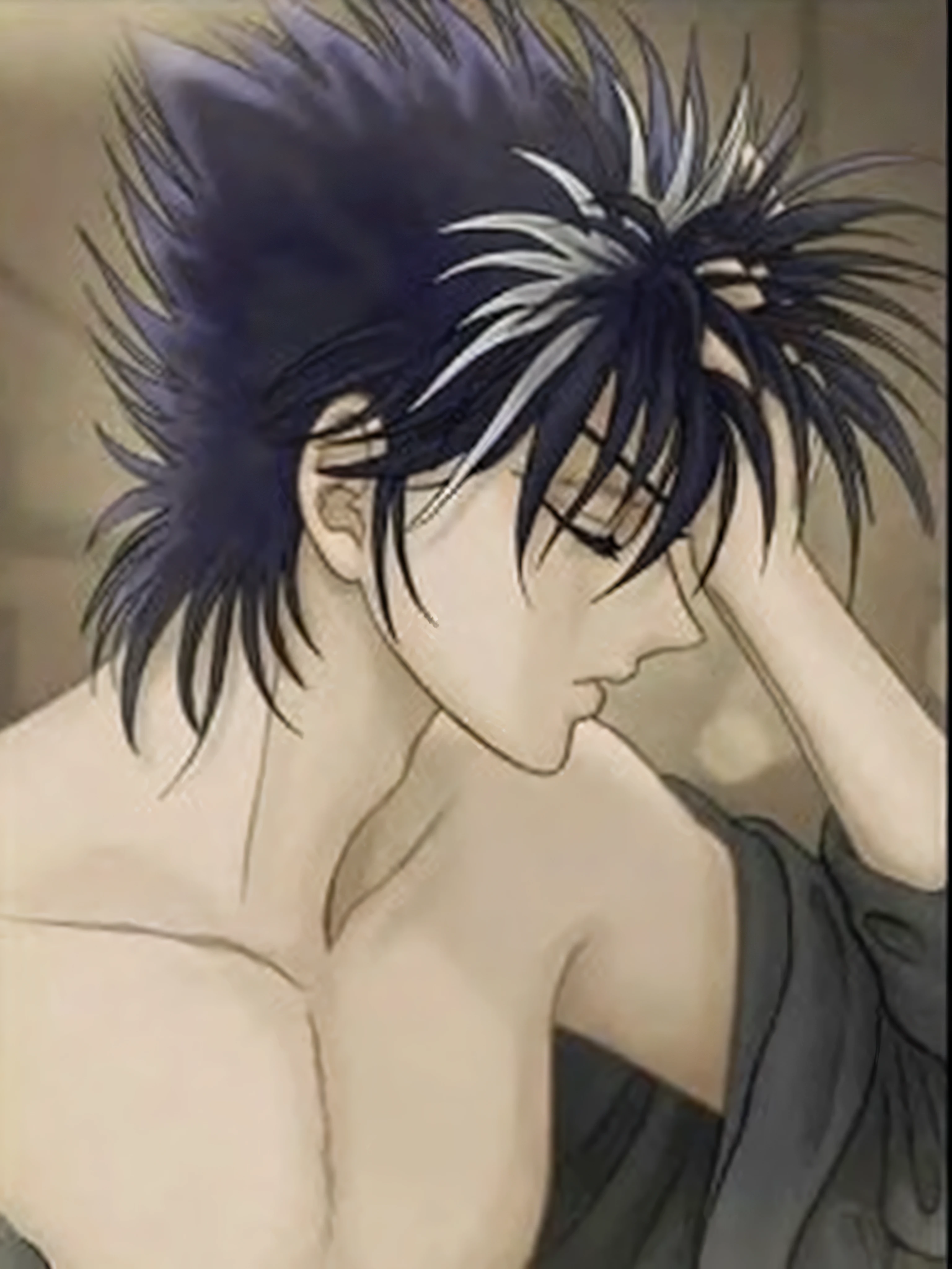 a close up of a person with a shirt on and a hair style, killua zoldyck black hair, l · lawliet, inspired by Kusumi Morikage, he has dark grey hairs, male anime style, ikuto yamashita, male anime character, fubuki, yaoi, inspired by Ikuo Hirayama, edward