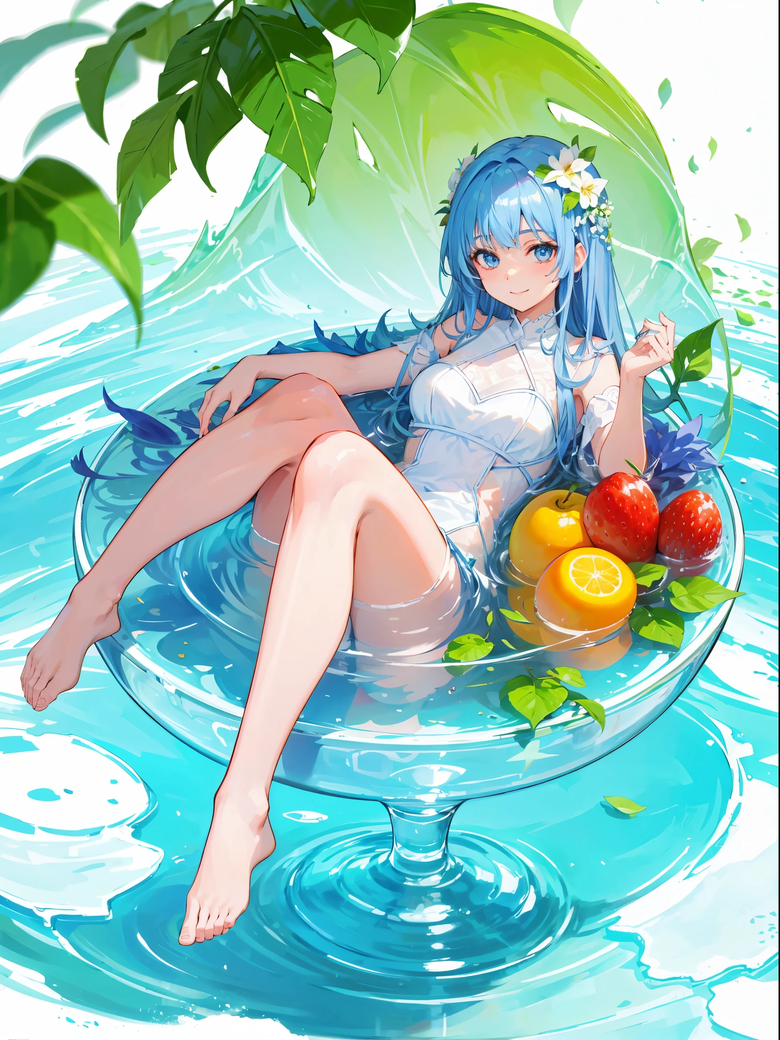 girl, in glass, sitting, full body, beautiful, ice, flower, fruit, light smile, look at viewer, absurdres, fresh,