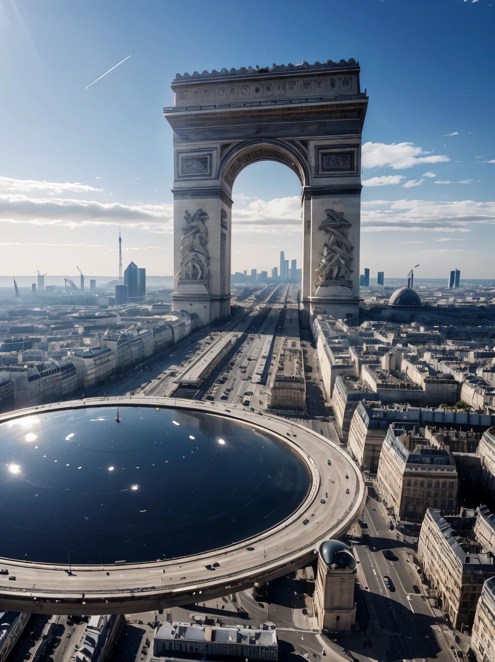 A gigantic extraterrestrial orbital station several hundred kilometers in diameter, casting shadow all over Paris,hovering vertically 1 kilometer above the Arc de Triomphe in Paris. Compared to the station, the Arc de Triomphe is really tiny.
The station is so high up, it towers above the clouds. Ultra realistic.