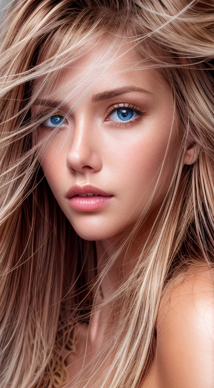 portrait, high quality, best quality, photo-realistic, raw-photo, realistic, ultra realistic 8k cg, ultra-detailed, High definition, masterpiece, 1girl, long hair, blonde hair, ((brown eyes)), detaile face and eyes, close-up, intricate details, detailed texture, finely detailed,