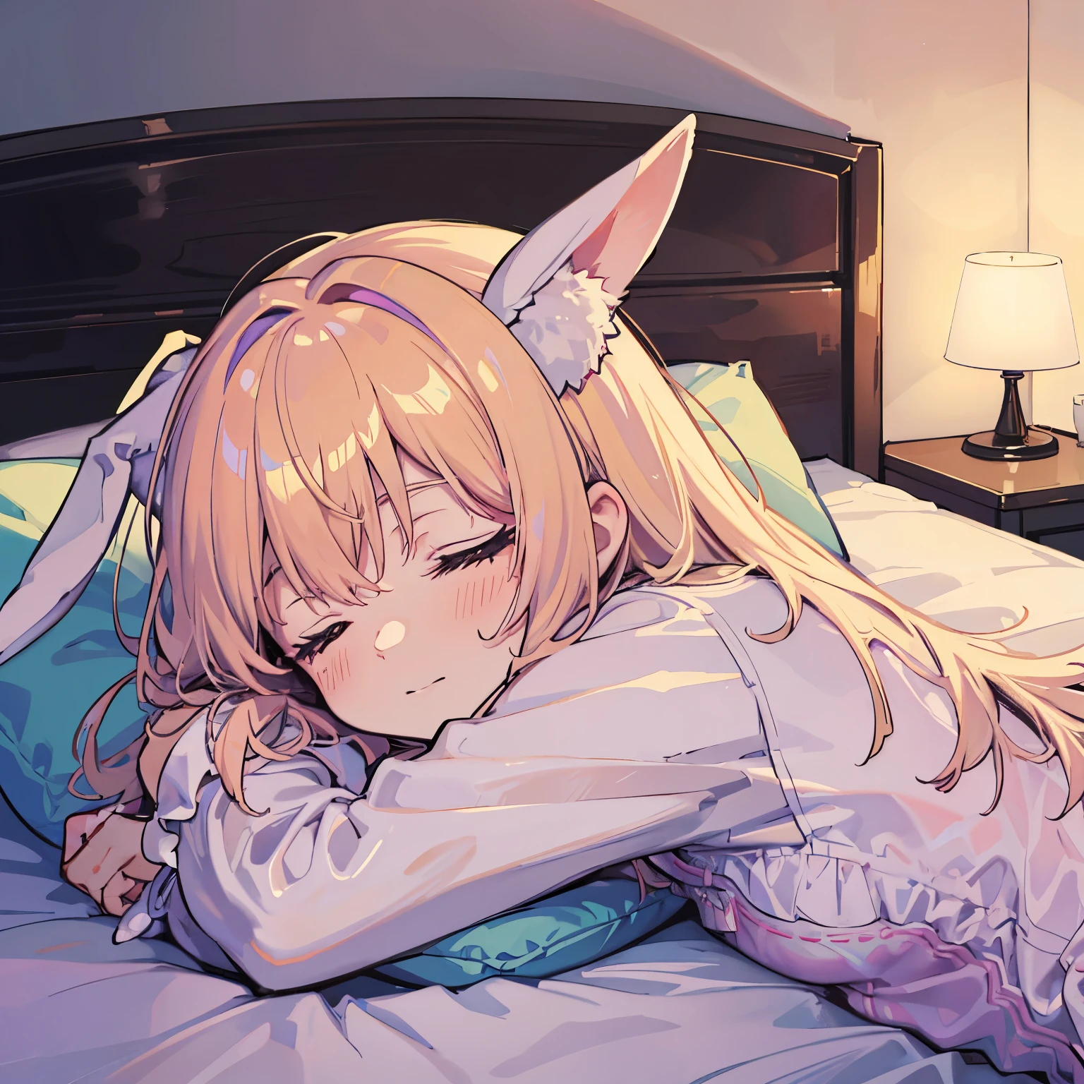 Eared bunny girl　sleeping　Happy sleeping face　In bed　inside in the room　at night　turbid