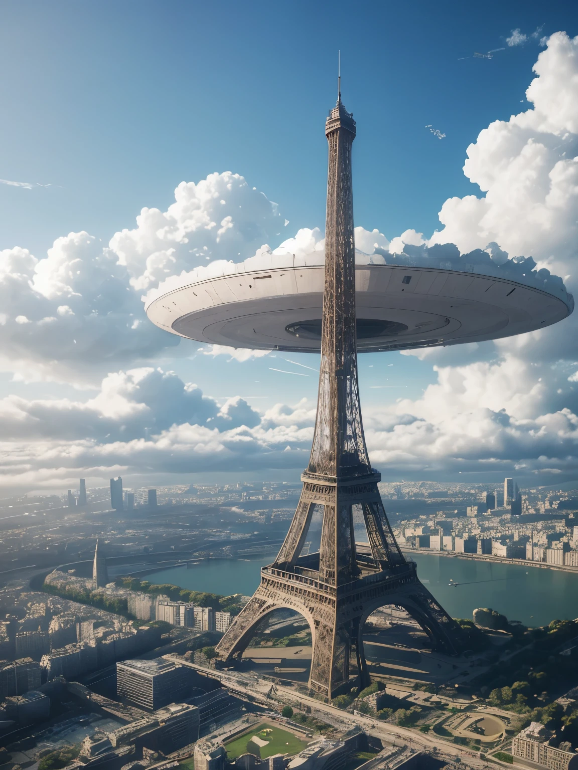 A gigantic extraterrestrial orbital station several hundred kilometers in diameter, hovering vertically 1 kilometer above the Eiffel Tower. Compared to the station, the Eiffel Tower is tiny.
The station is so high up, it towers above the clouds. Ultra realistic.