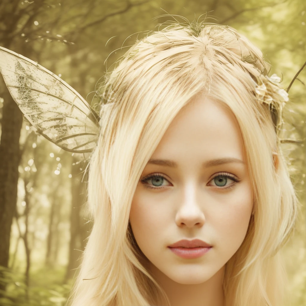 blond haired girl with hada wings and a flower crown, portrait of hada, portrait of a hada, portrait of hada princess, Fae age girl, retrato de elfo muy hermoso, ellie bamber hada, Faerie, hada, forest hada, hada look, forest Fae, Fae, retrato de un elfo, portrait of hada woman