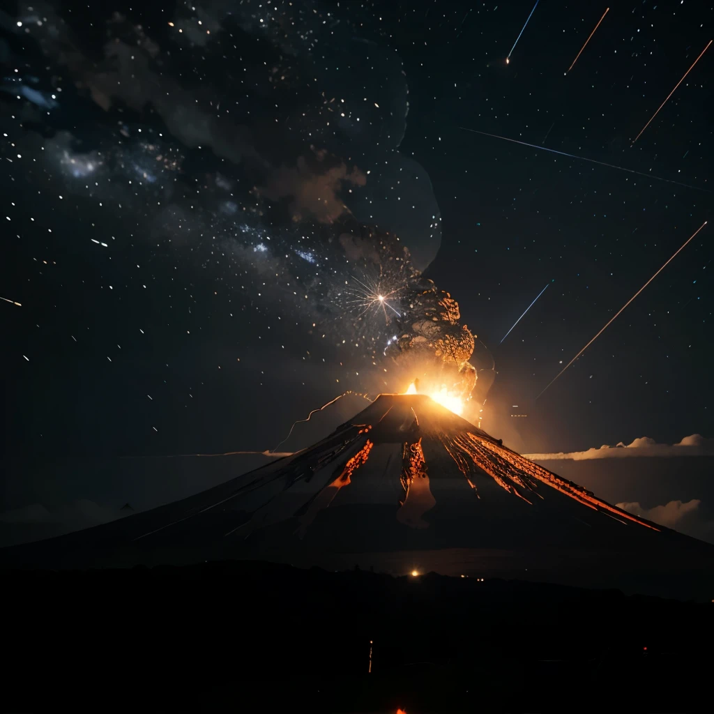 Erupting volcano against the backdrop of stars and meteorite rain