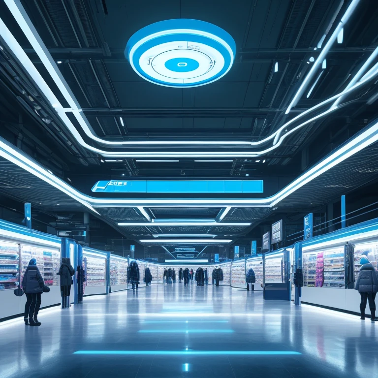 Very futuristic digital space area forgotten in a commercial hypermarket of clothing and various furniture on sale, ultra hd bright lights , very HD image quality with blue bloodhound powder