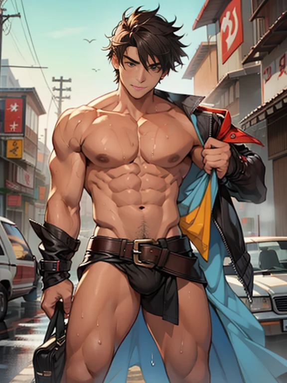 Un chico alto y musculoso , desnudo , piernas abiertas , impacto , sudoroso , wet , seductor , tetas grandes , gran bulto , bolas grandes , mirar desde abajo , Desde las rodillas , Gran ASA,mechas,Estilo punky