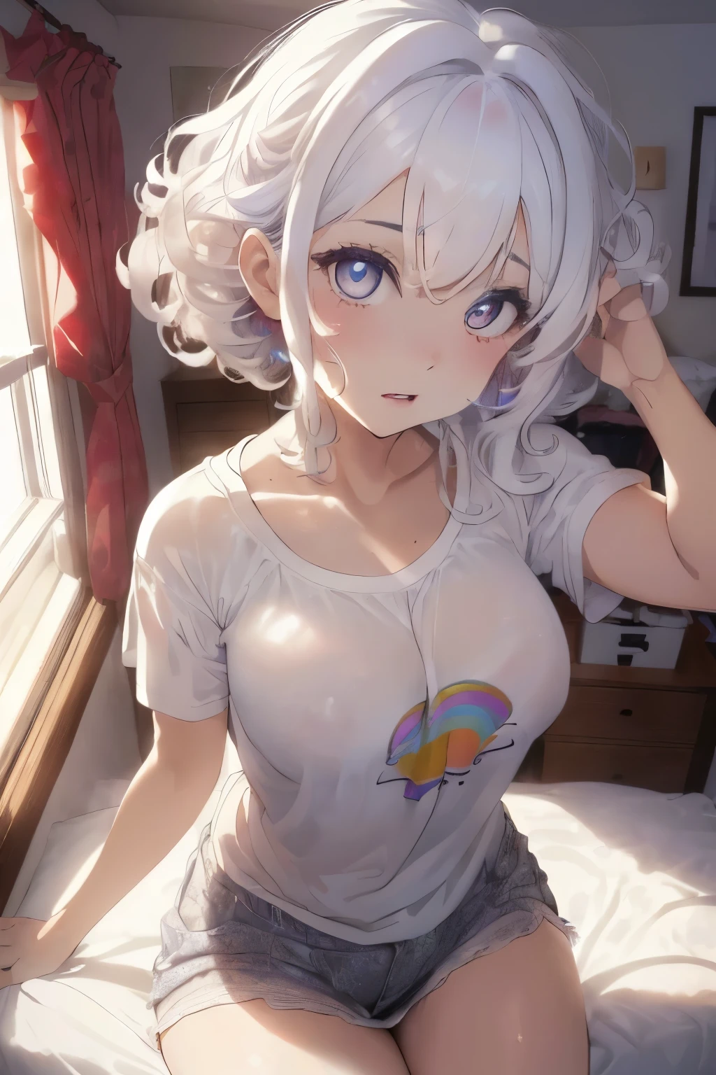 (white hair),(Curly hair with a lot of fluff:1.4),(short hair with curls:1.3),(With bangs),(rainbow colored eyes:1.25),Slight red tide,(Beautiful spilling out of clothes:1.3),(The eyes are shining brightly:1.2),(eye size:1.7),(Bedroom with morning sunlight:1.23),(cute girl's room:1.35),(Dabo Dabo T-shirt:1.3),(rubbing eye:1.25),(close up of face:1.4),(perspective from above:1.3),(face when waking up:1.3),(beautiful body),(Older sister sitting on the bed),